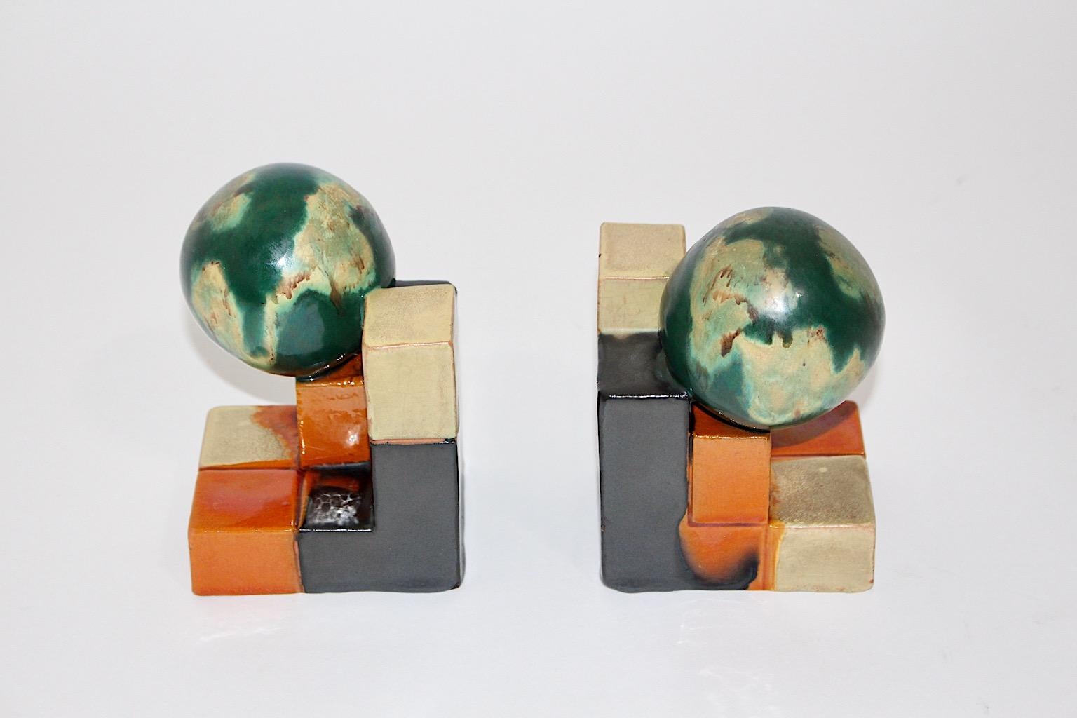 Ceramic Art Deco Attributed Vintage Bookends Green Orange, 1920, Germany For Sale 14