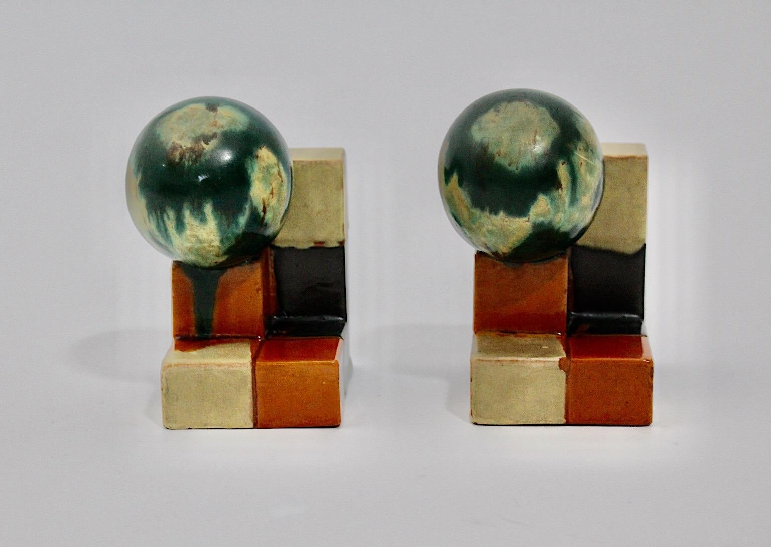 Early 20th Century Ceramic Art Deco Attributed Vintage Bookends Green Orange, 1920, Germany For Sale