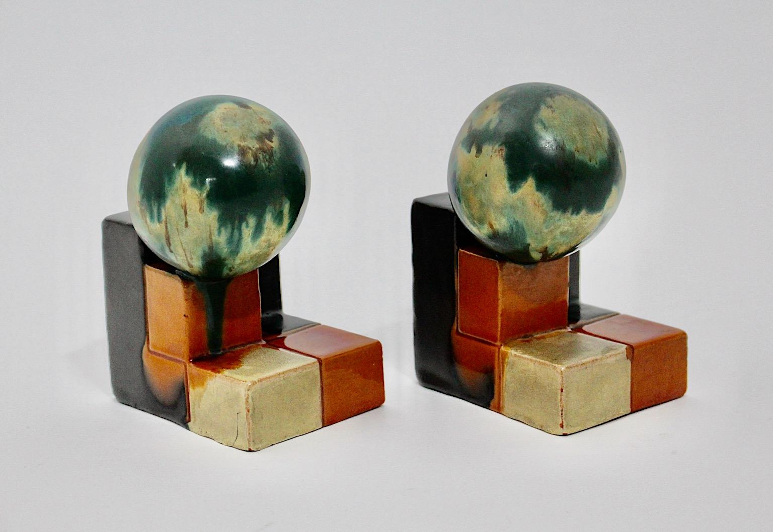 Ceramic Art Deco Attributed Vintage Bookends Green Orange, 1920, Germany For Sale 1