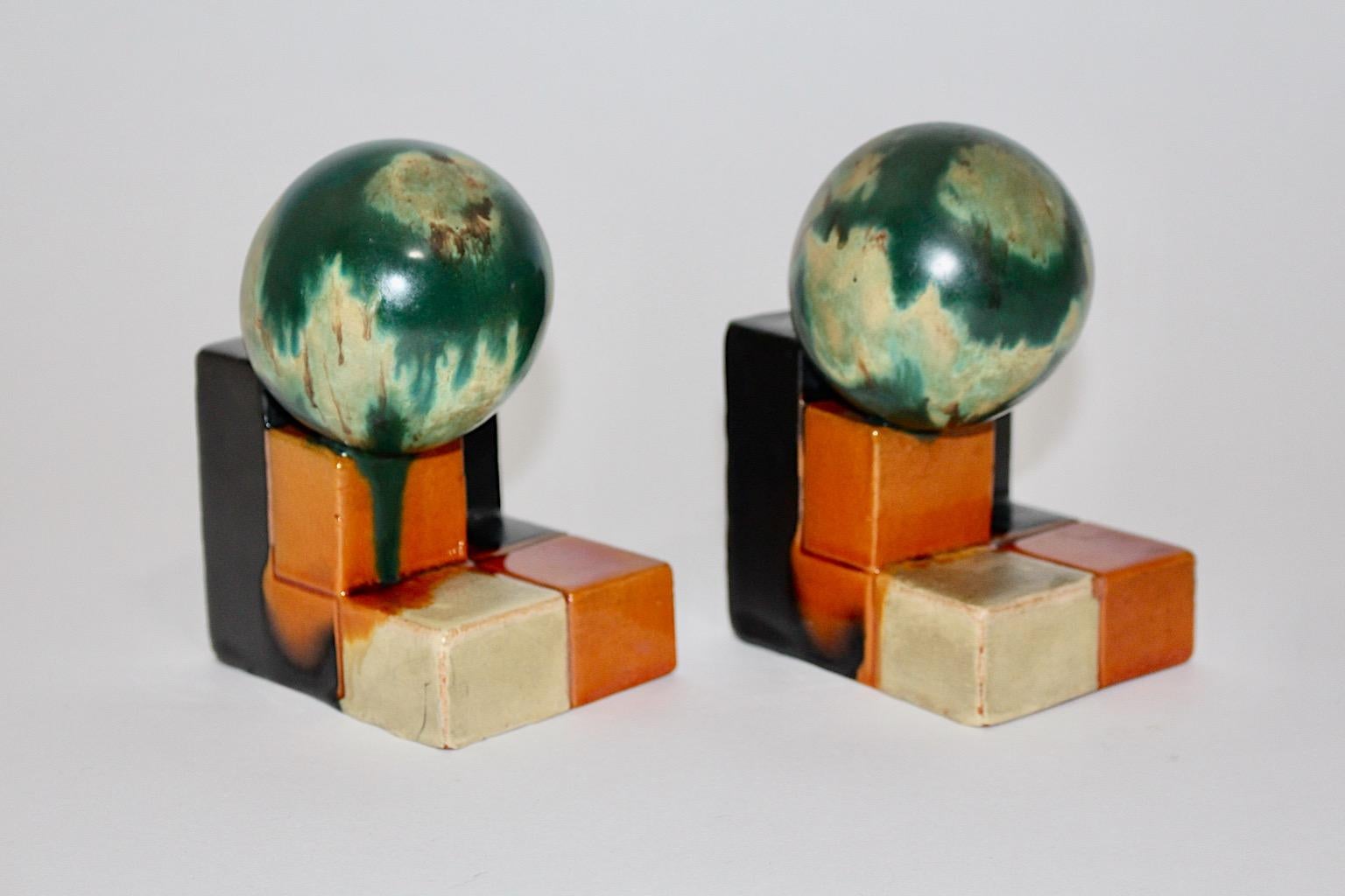 Ceramic Art Deco Attributed Vintage Bookends Green Orange, 1920, Germany For Sale 2
