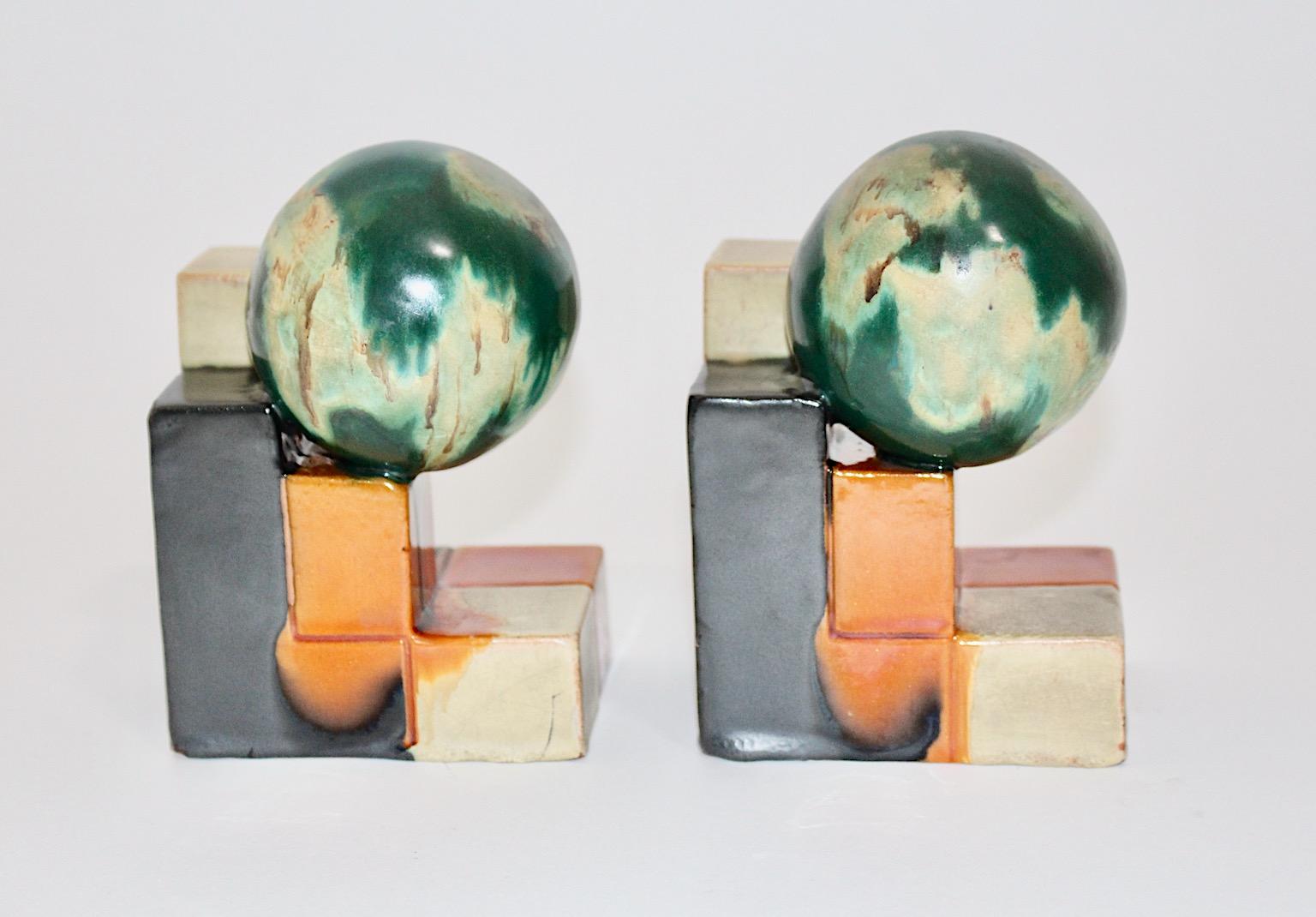 Ceramic Art Deco Attributed Vintage Bookends Green Orange, 1920, Germany For Sale 3