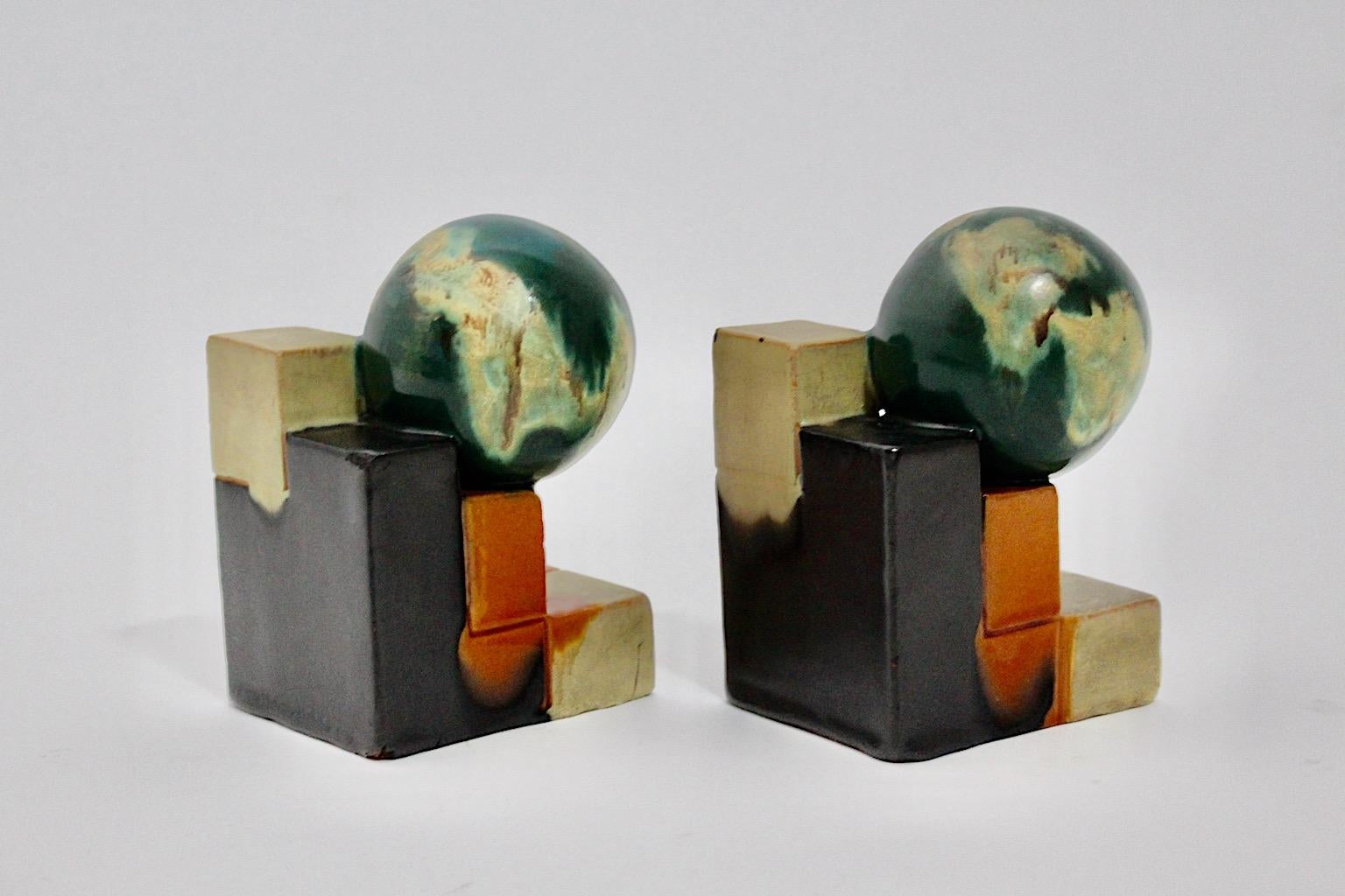 Ceramic Art Deco Attributed Vintage Bookends Green Orange, 1920, Germany For Sale 4