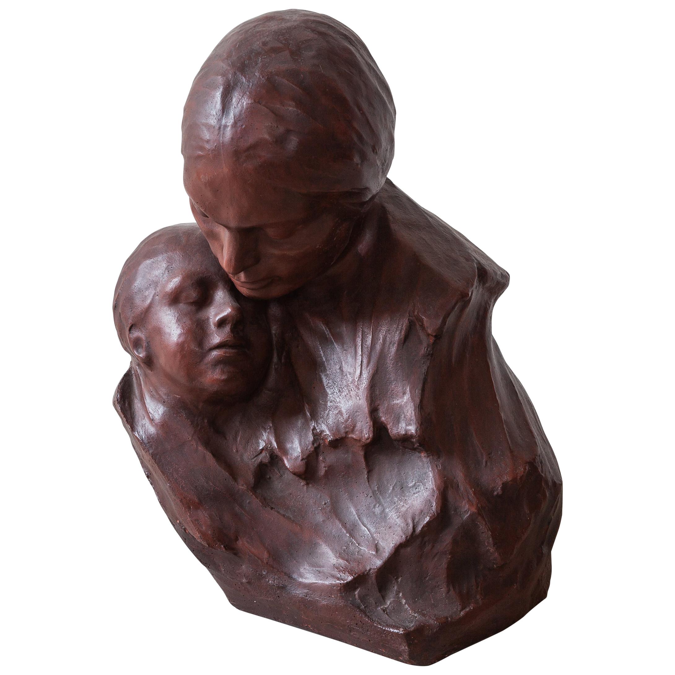 Keramikkunst-Büste Mutter und Kind aus Belgien von G.Wasterlain