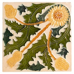 Ceramic Art Nouveau flower tile, made by La Majolique 'Emptinne, Belgium', 1900s