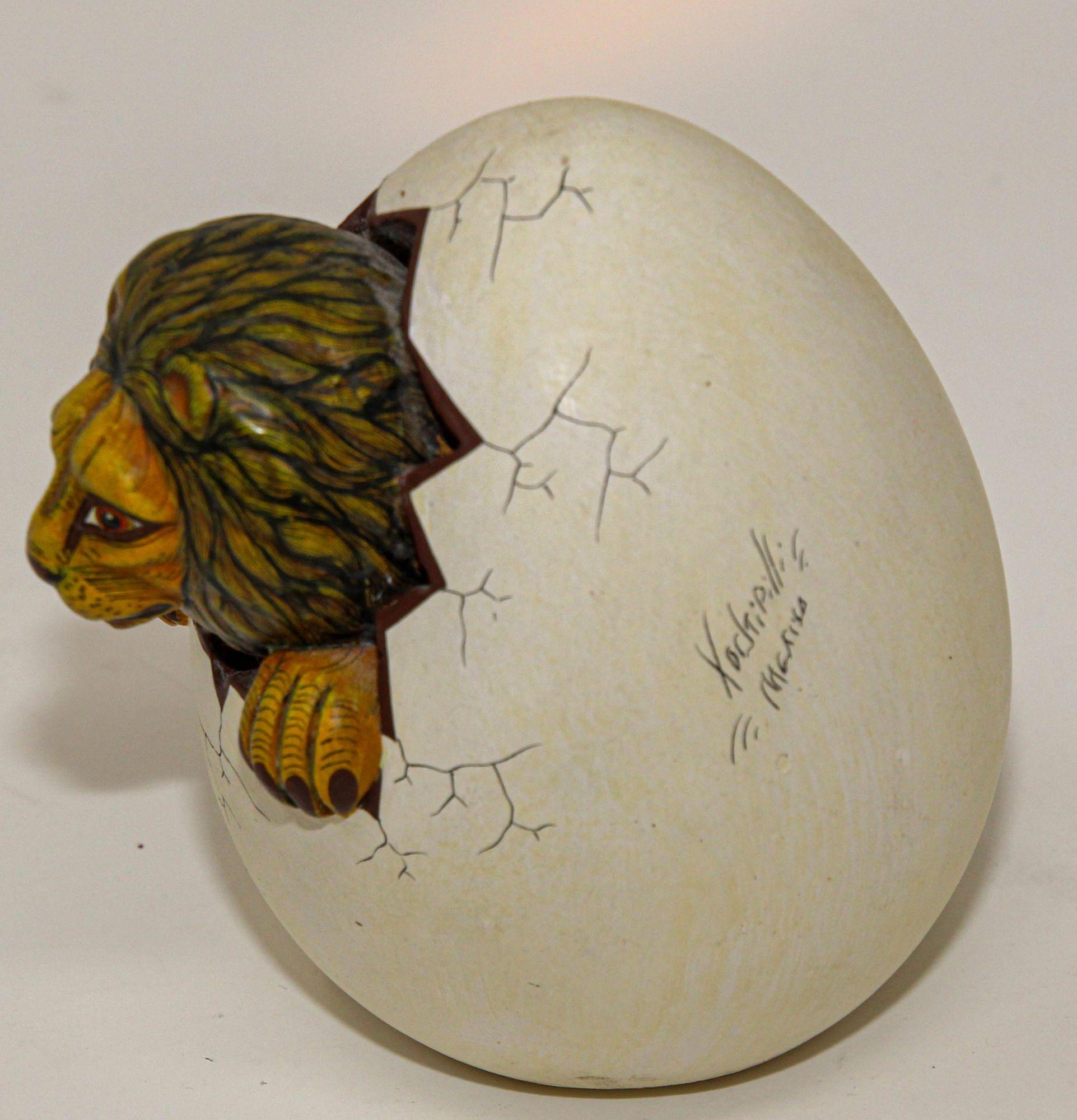 Hand-Crafted Ceramic Art Sculpture Lion in Egg Hatching Mexico For Sale