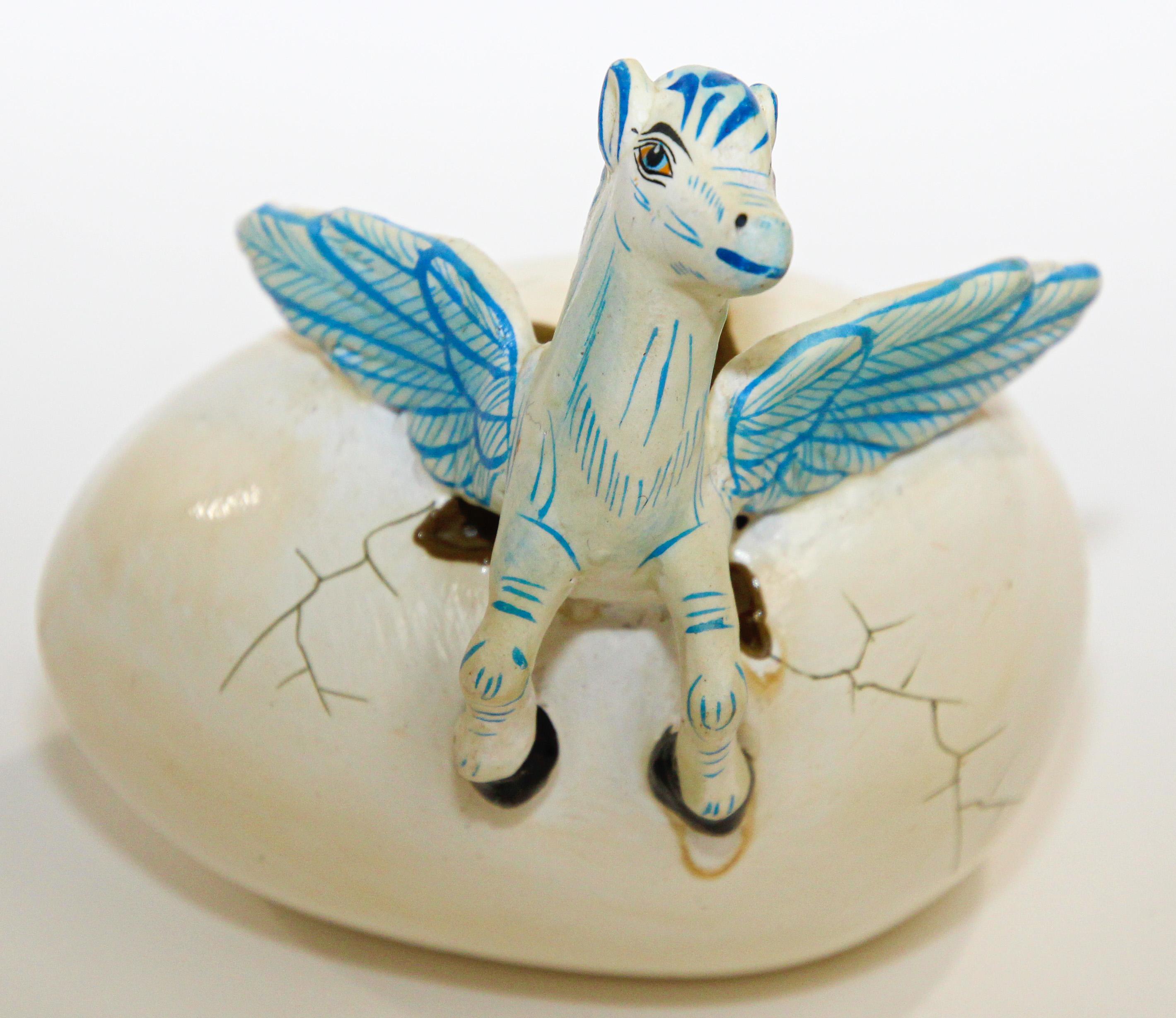 Hand-Crafted Ceramic Art Sculpture Pegasus Horse in Egg Hatching Mexico