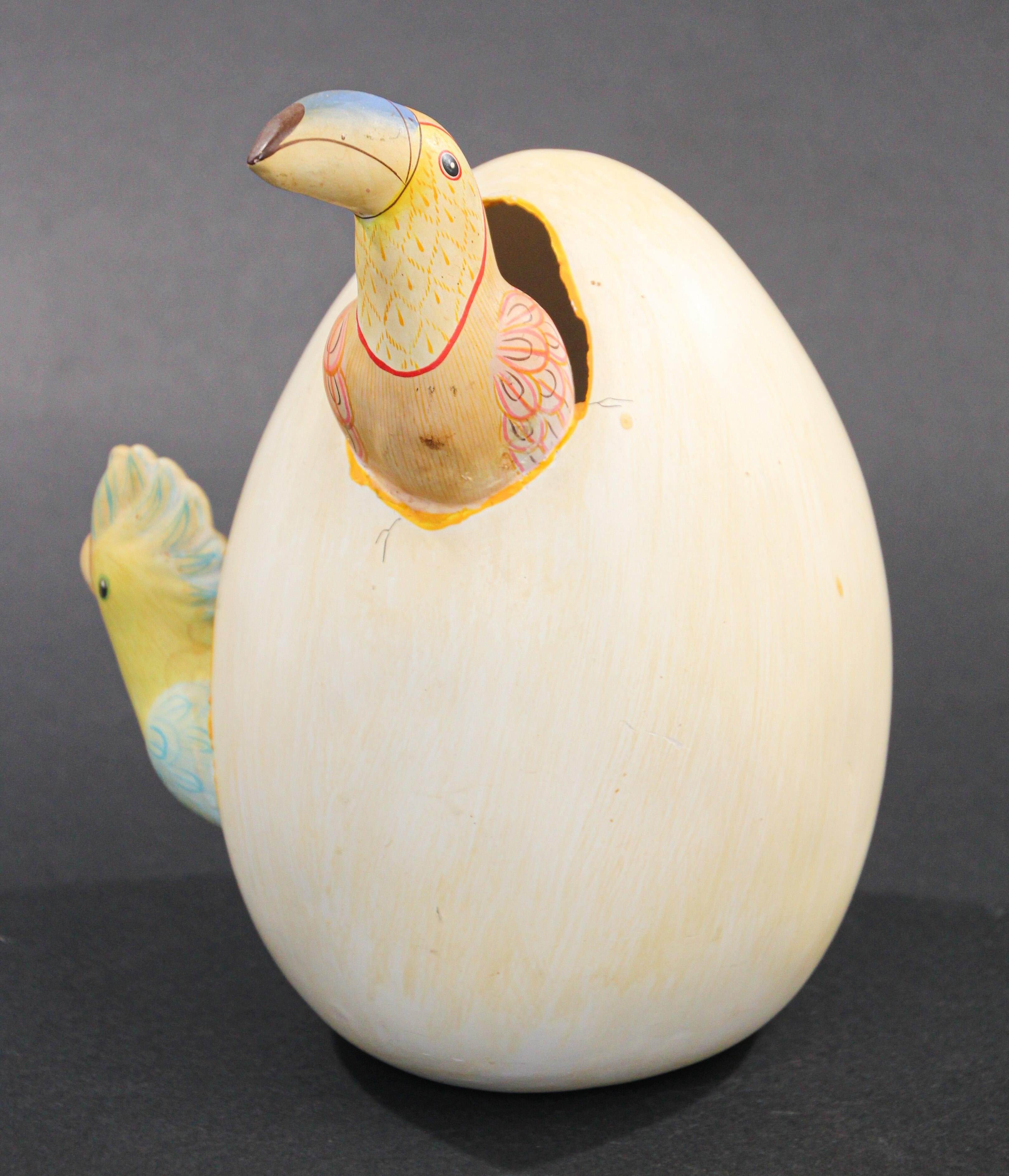 Mexican Ceramic Art Sculpture Toucans in Egg Hatching Mexico