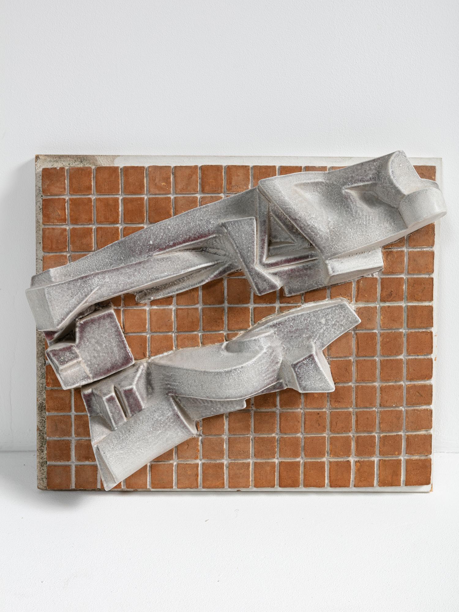 Wall mounted One-off ceramic sculpture by Carlo Zauli.
Lively sculptural pieces on a grid-like ceramic plate, mounted on original wood piece.