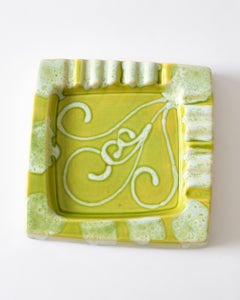 Ceramic Ashtray, Lime Green With White Details, Italy, C 1950, Vintage Ashtray