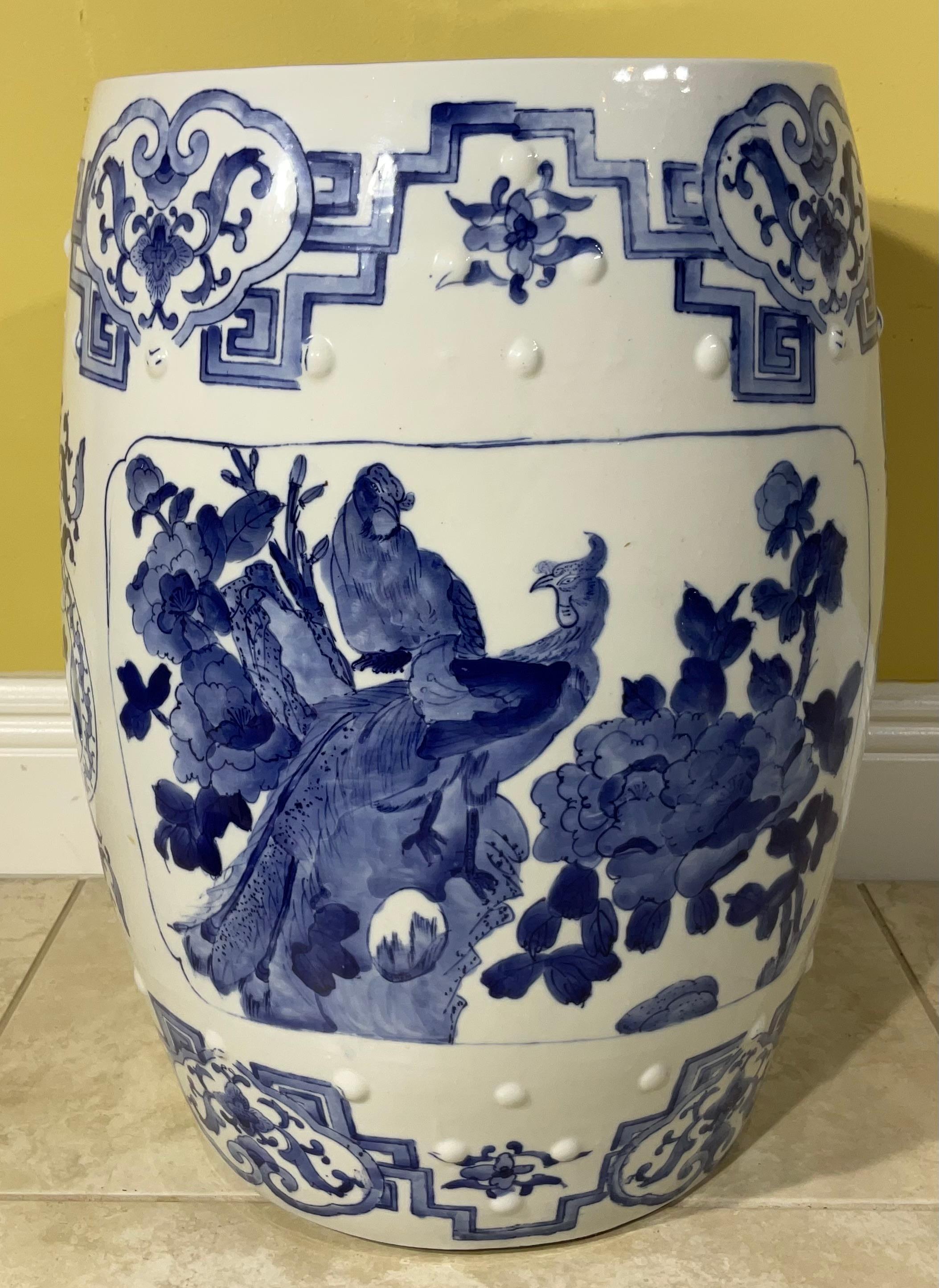 Ceramic Asian Garden Seat in Blue and White Floral Motifs For Sale 4