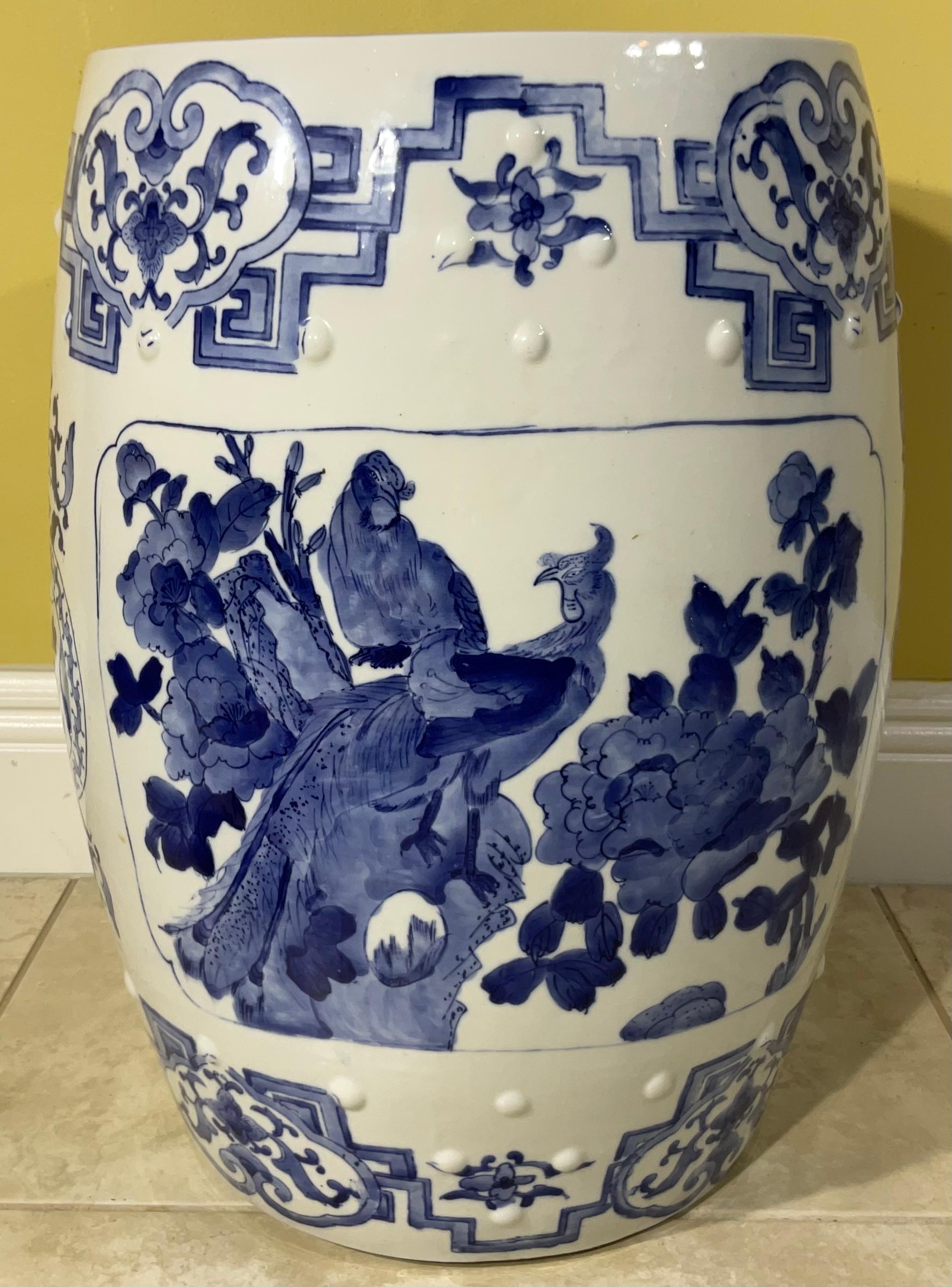 Ceramic Asian Garden Seat in Blue and White Floral Motifs For Sale 5