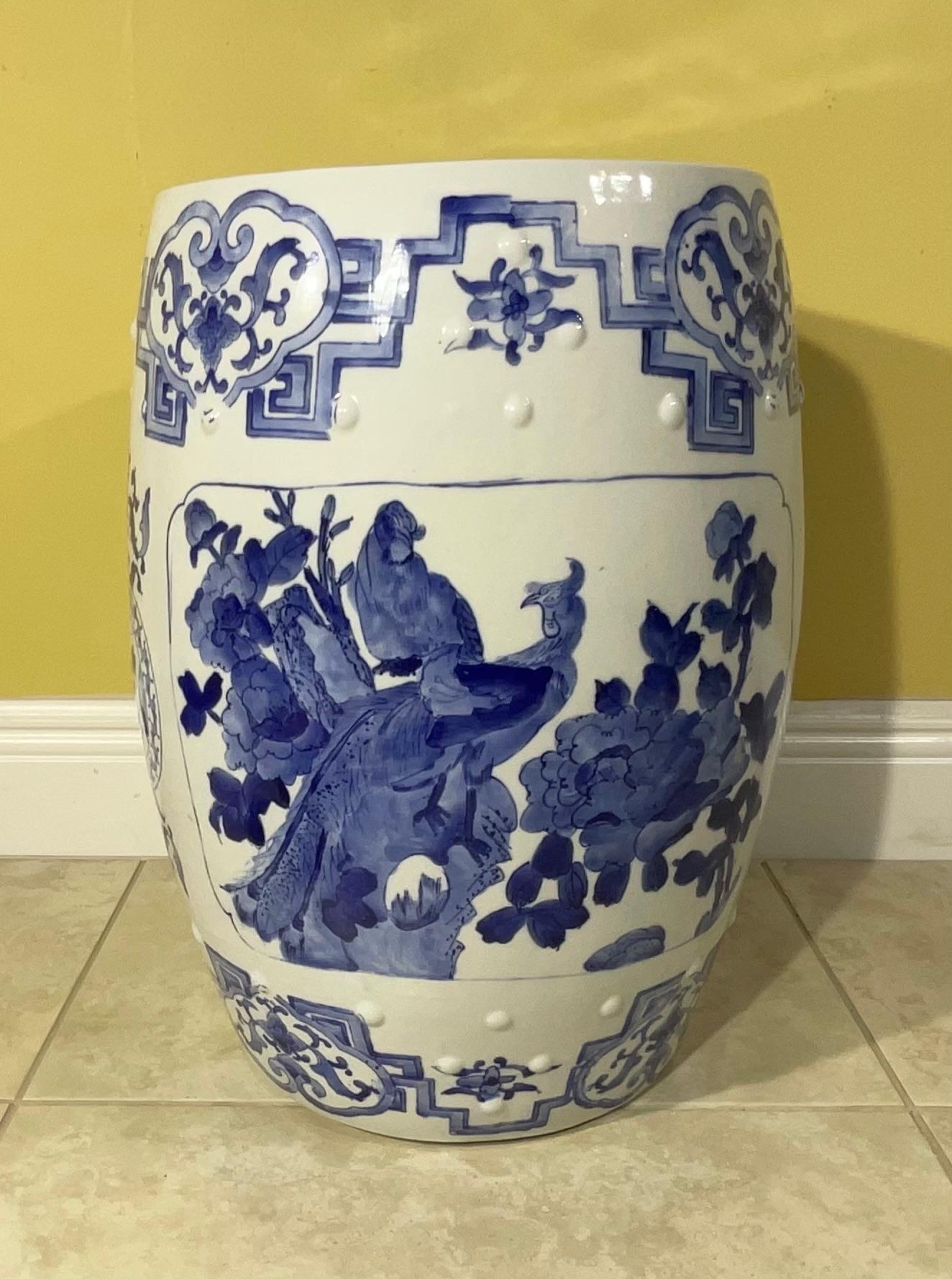 Ceramic Asian Garden Seat in Blue and White Floral Motifs For Sale 6