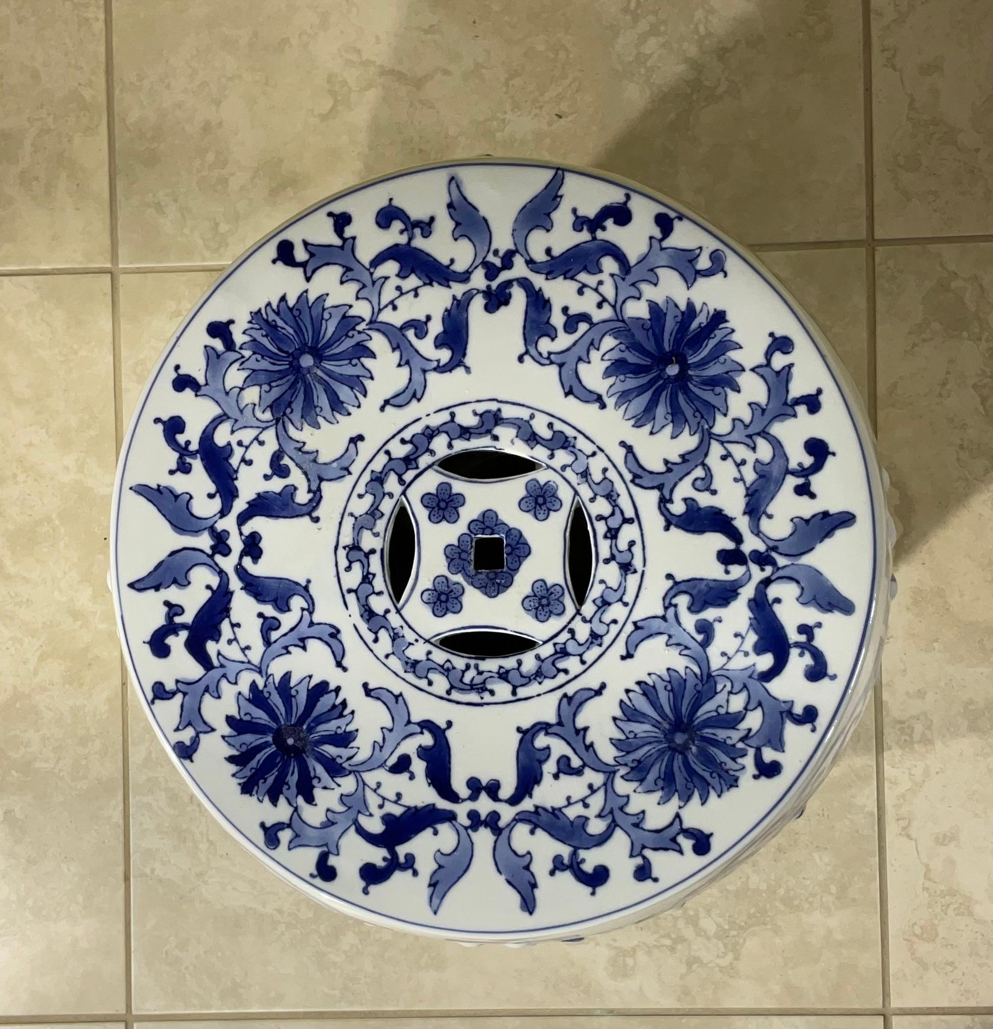 Ceramic Asian Garden Seat in Blue and White Floral Motifs For Sale 8