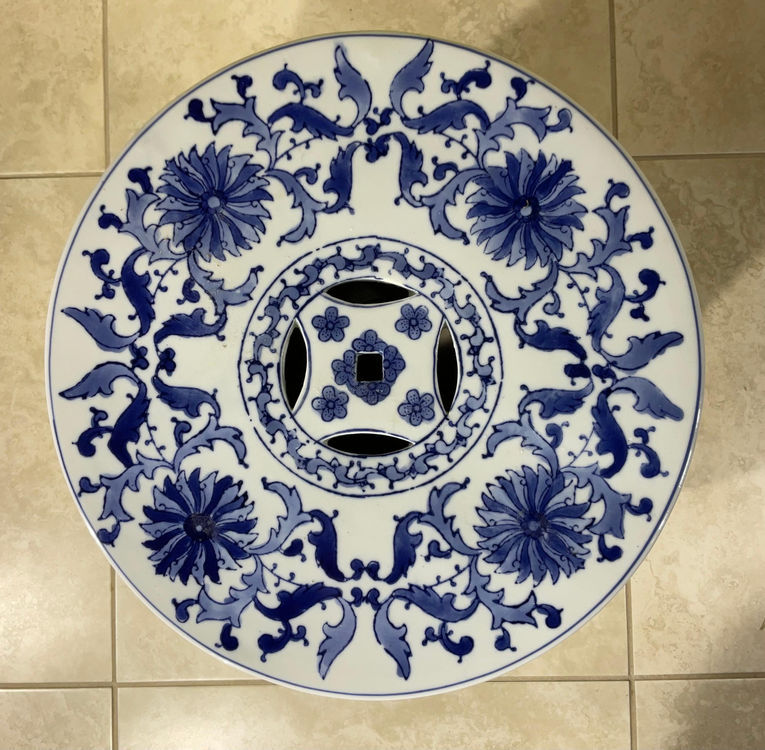 Ceramic Asian Garden Seat in Blue and White Floral Motifs For Sale 9