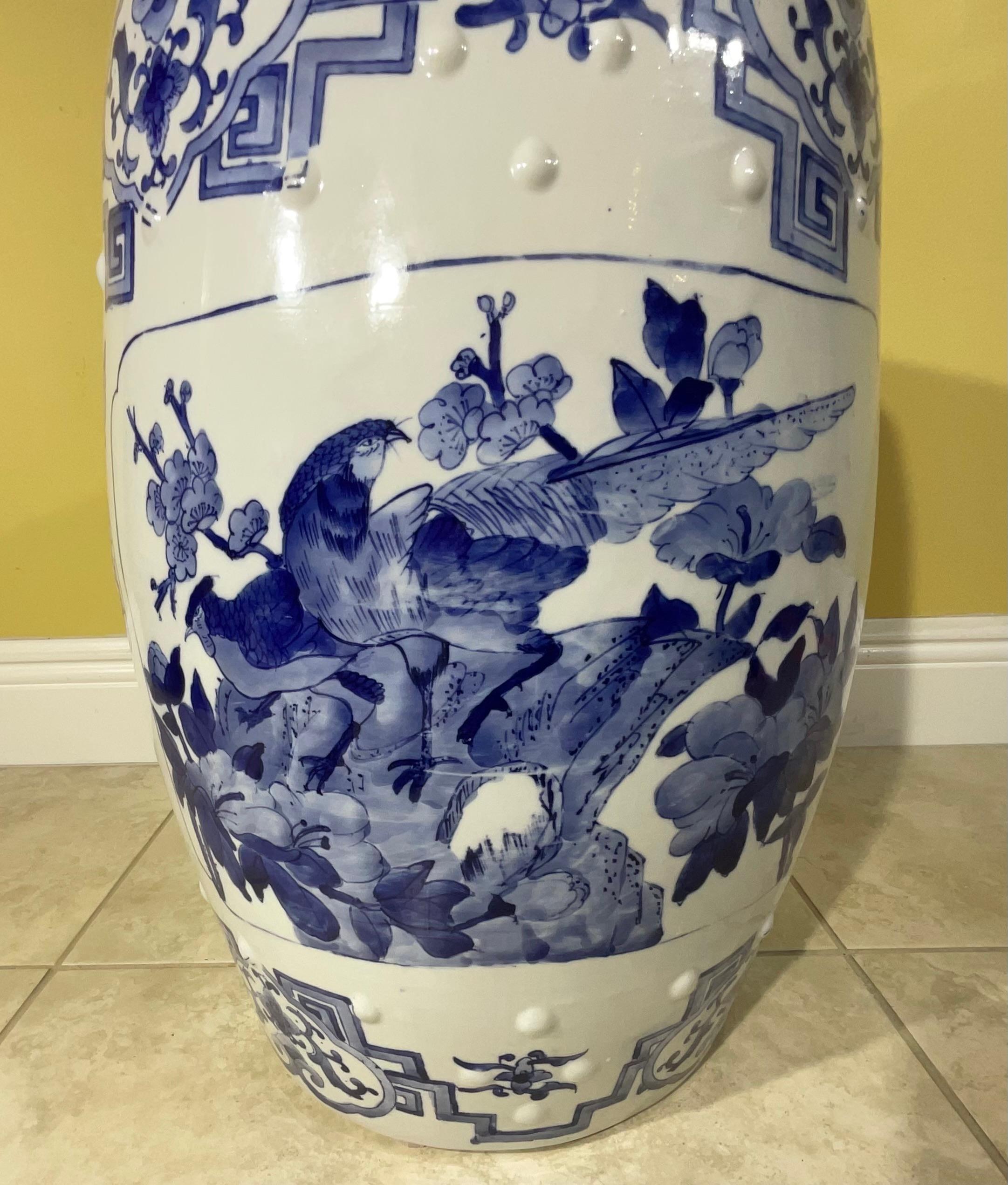 Chinese Ceramic Asian Garden Seat in Blue and White Floral Motifs For Sale
