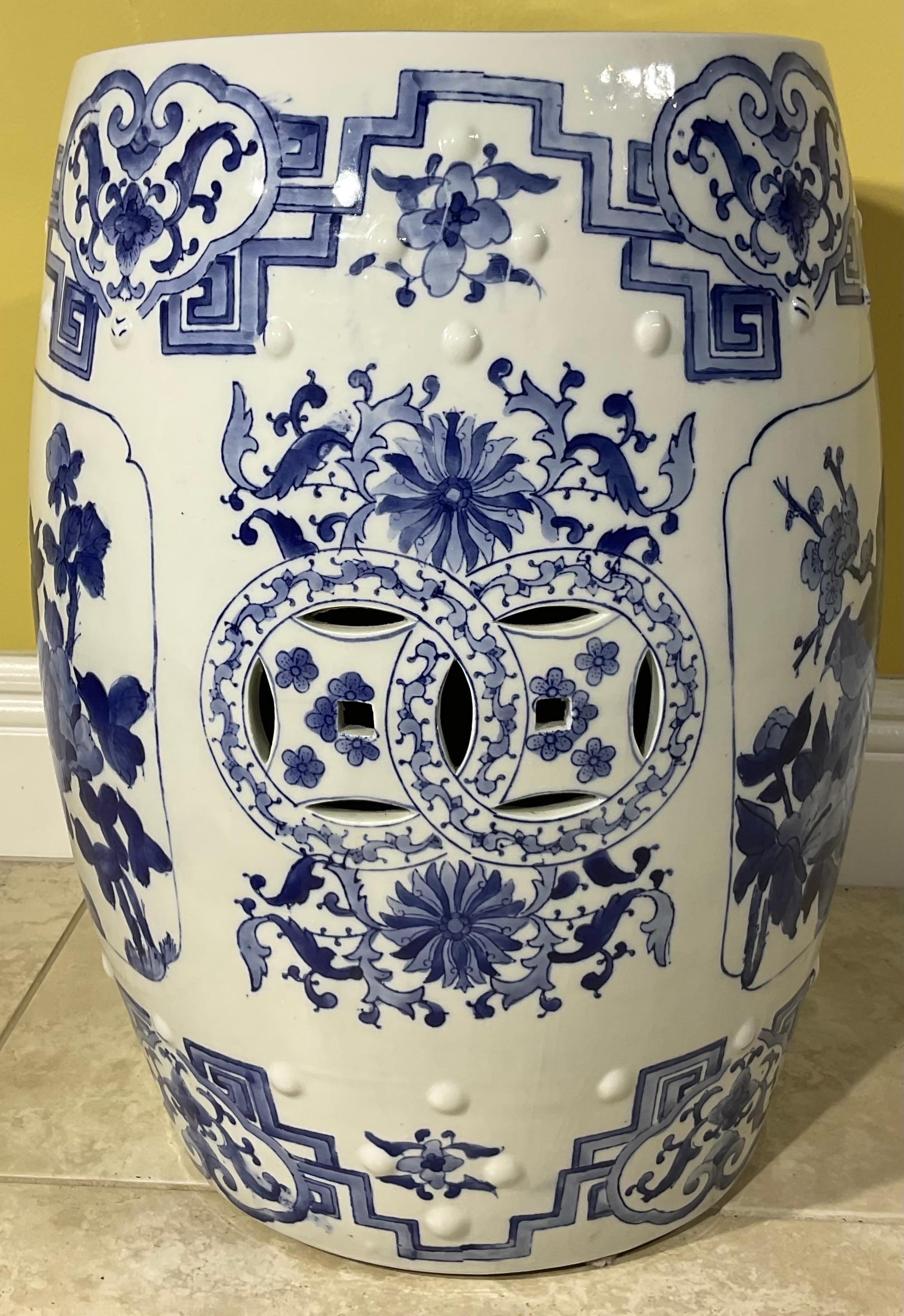 Ceramic Asian Garden Seat in Blue and White Floral Motifs For Sale 1