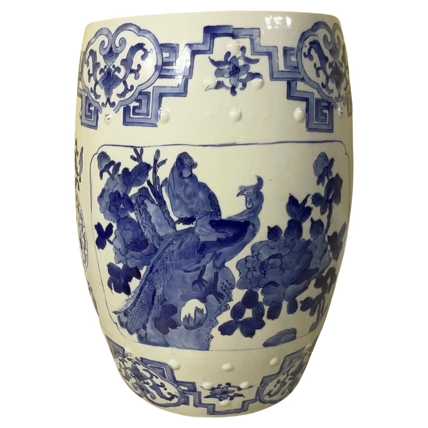Ceramic Asian Garden Seat in Blue and White Floral Motifs For Sale