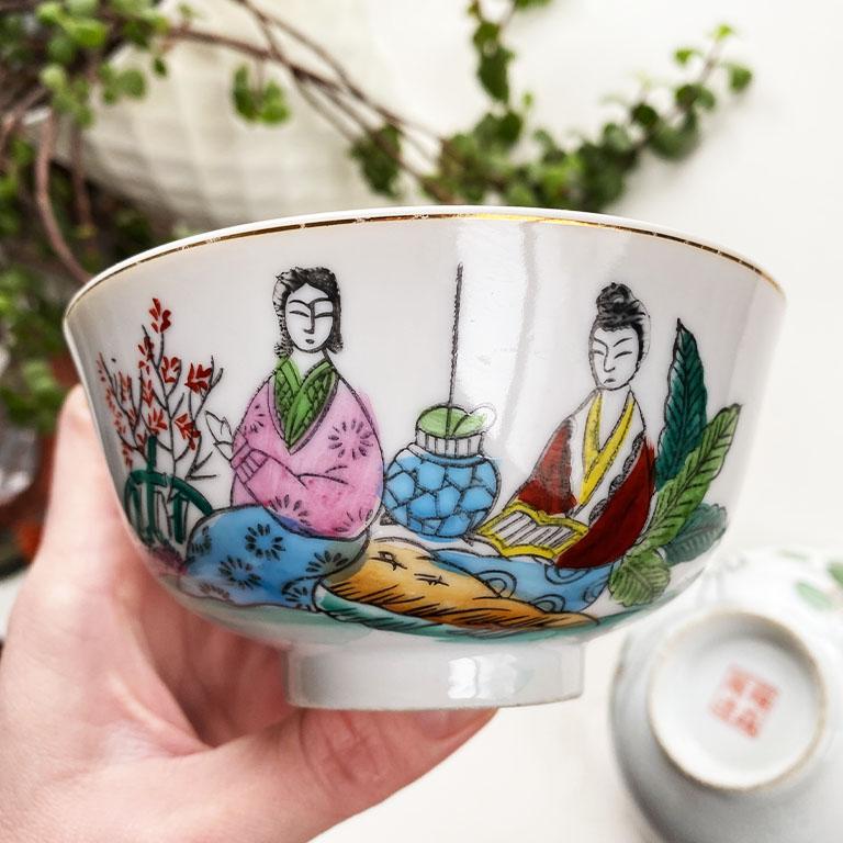 Glazed Ceramic Asian Tea Bowls or Cups with Floral and Figurative Motif, a Pair