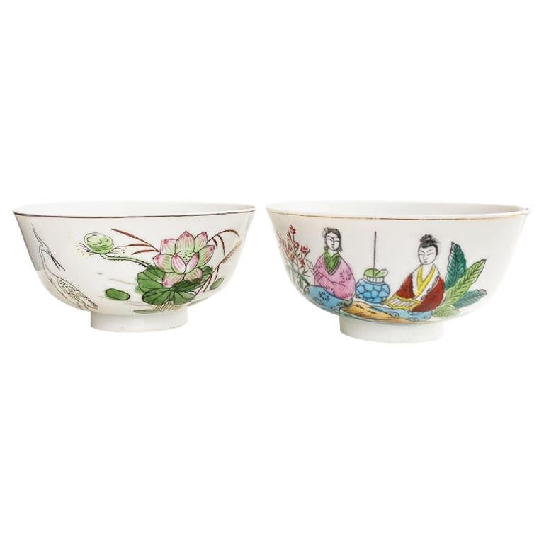 Ceramic Asian Tea Bowls or Cups with Floral and Figurative Motif, a Pair