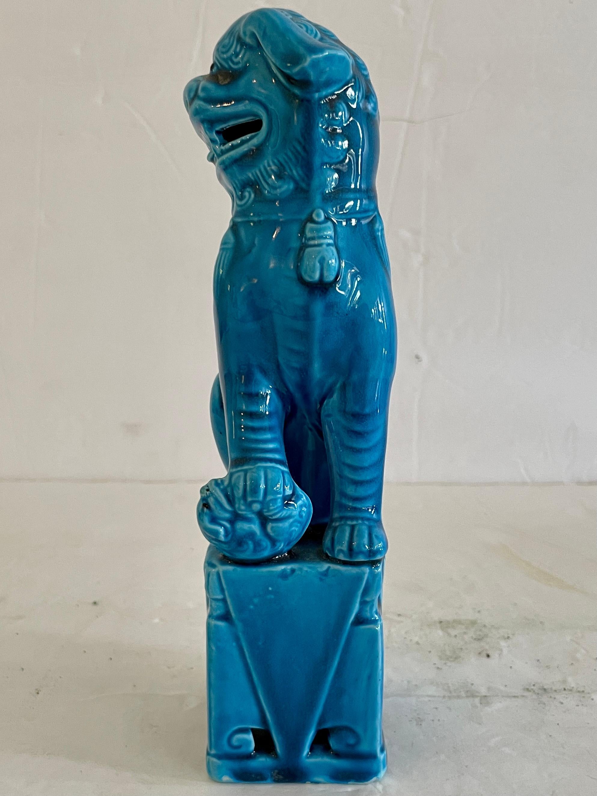 Chinoiserie Ceramic Asian Turquoise Foo Dog For Sale