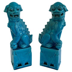 Ceramic Asian Turquoise Large Foo Dogs, a Pair