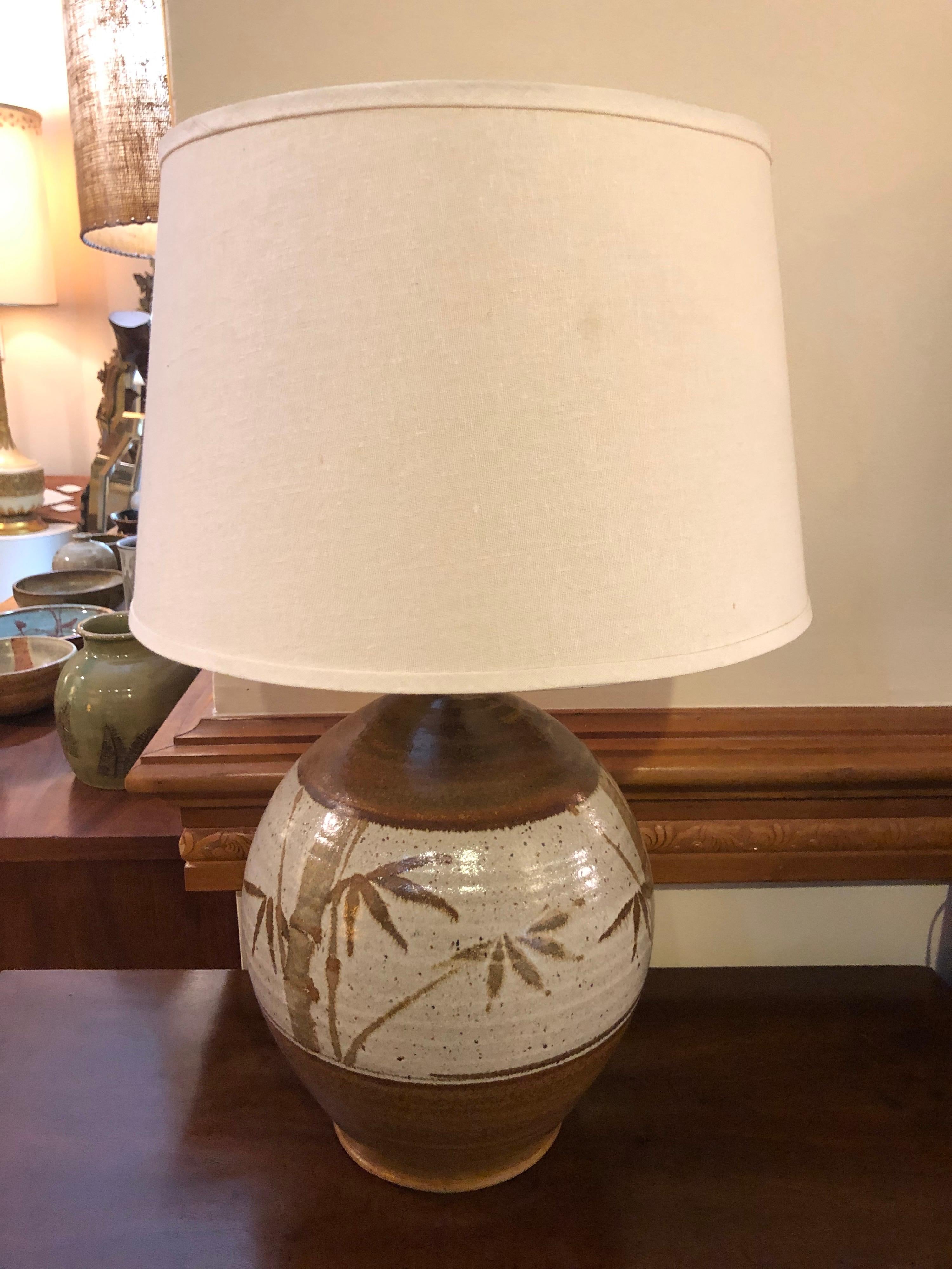 Mid-Century Modern Ceramic Bamboo Table Lamp with Shade