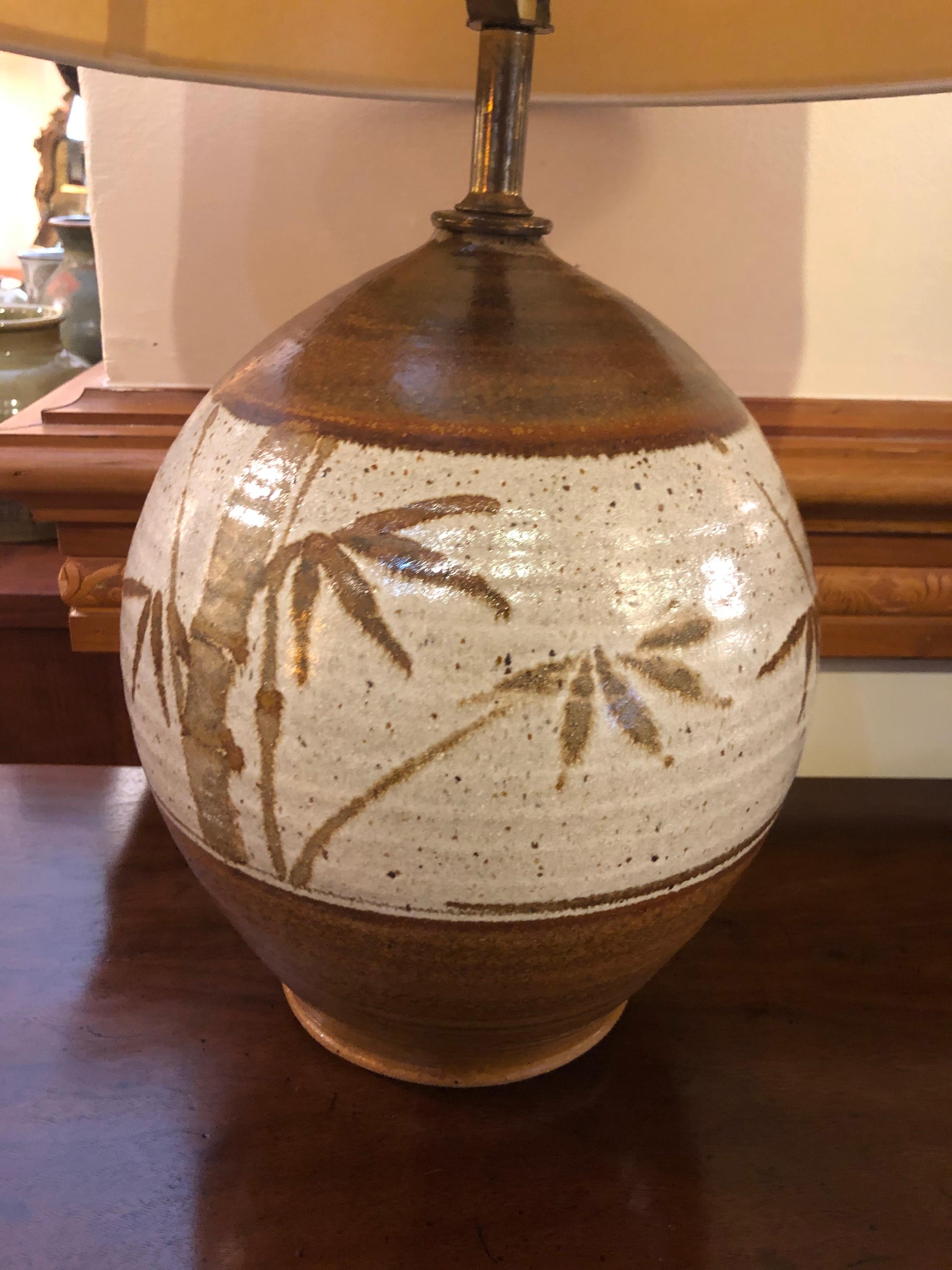 Ceramic Bamboo Table Lamp with Shade In Good Condition In Redding, CT