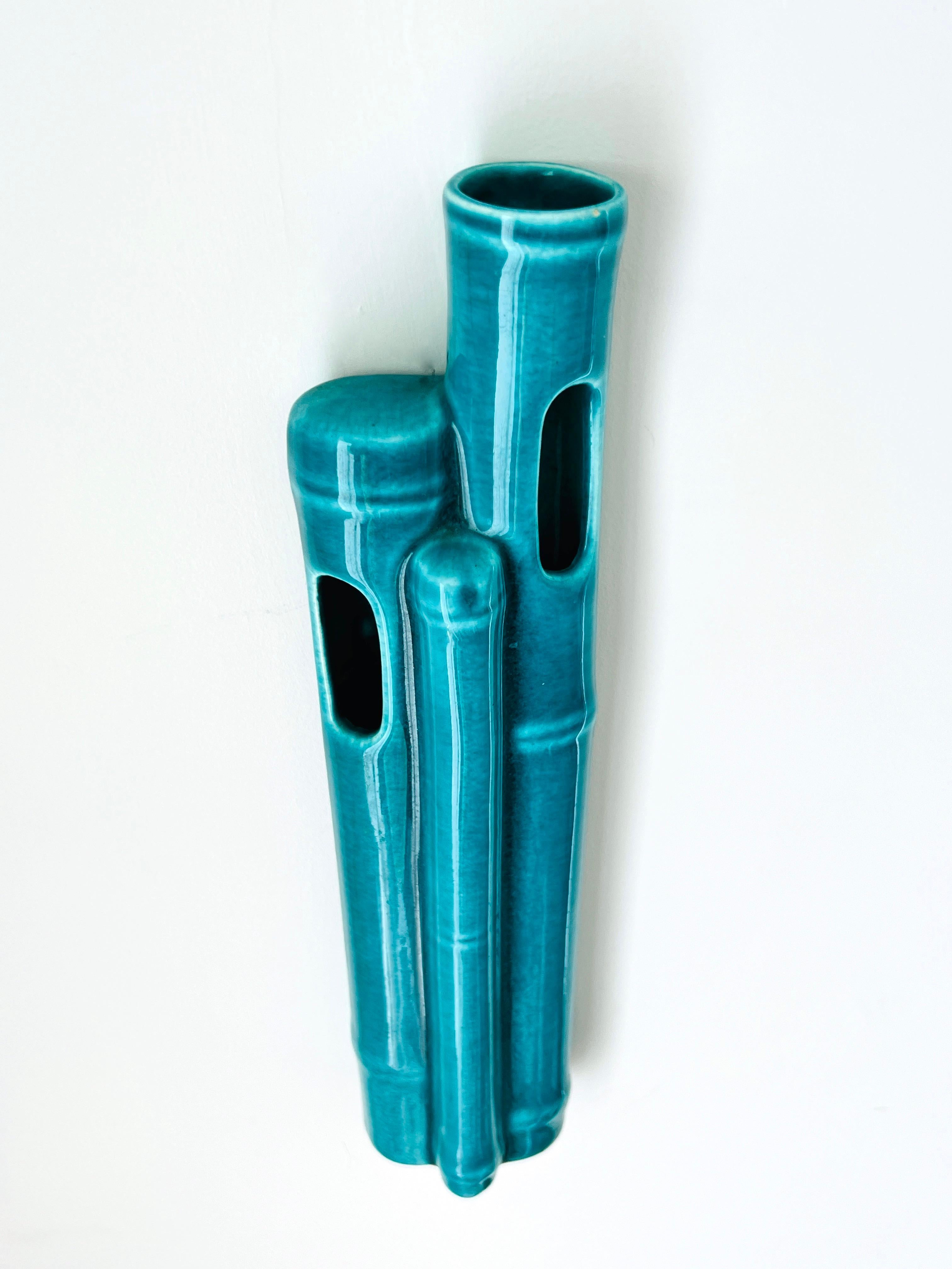 Mid-Century Modern Ceramic Bamboo Wall Pocket Vase in Turquoise For Sale