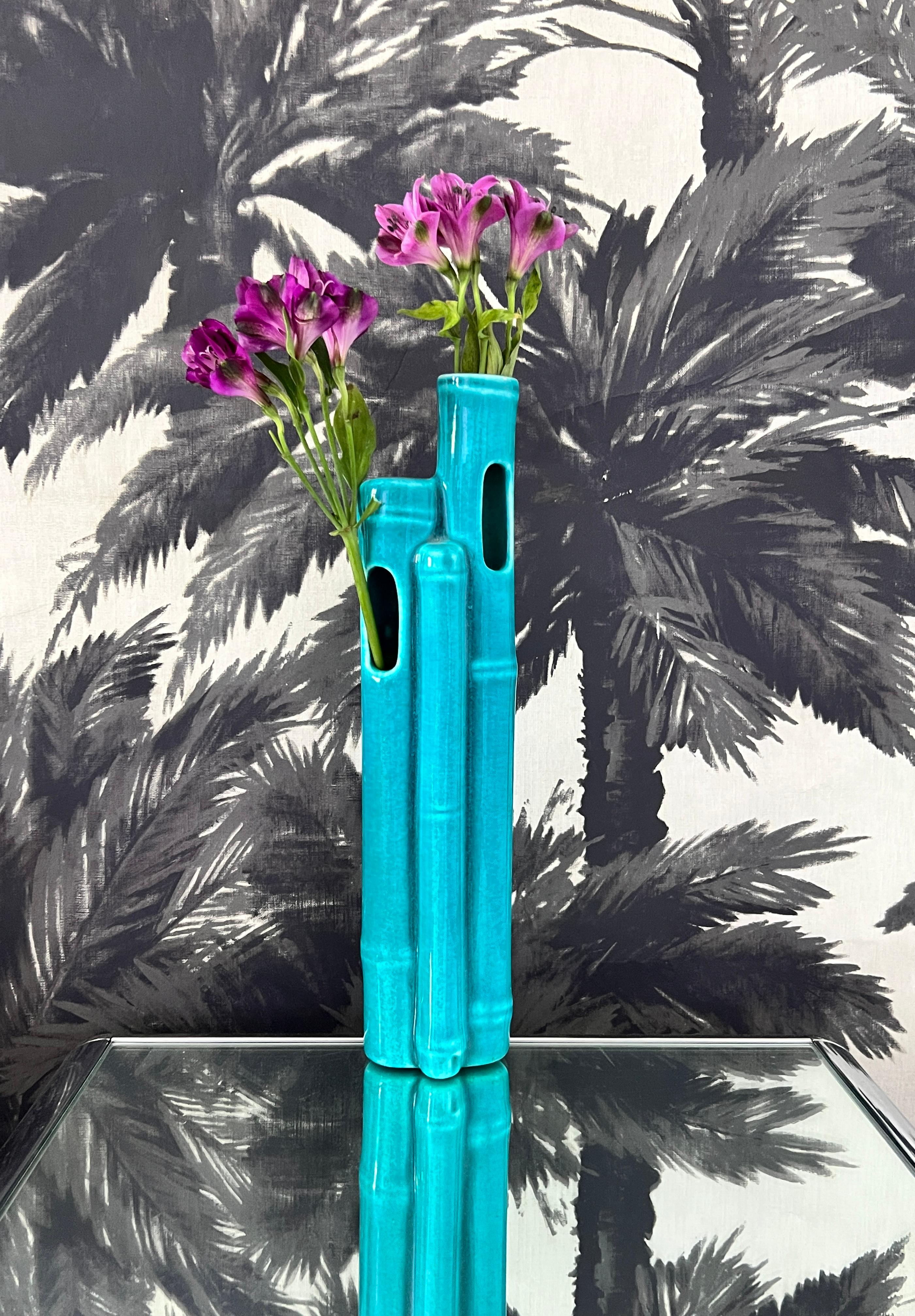 Glazed Ceramic Bamboo Wall Pocket Vase in Turquoise For Sale