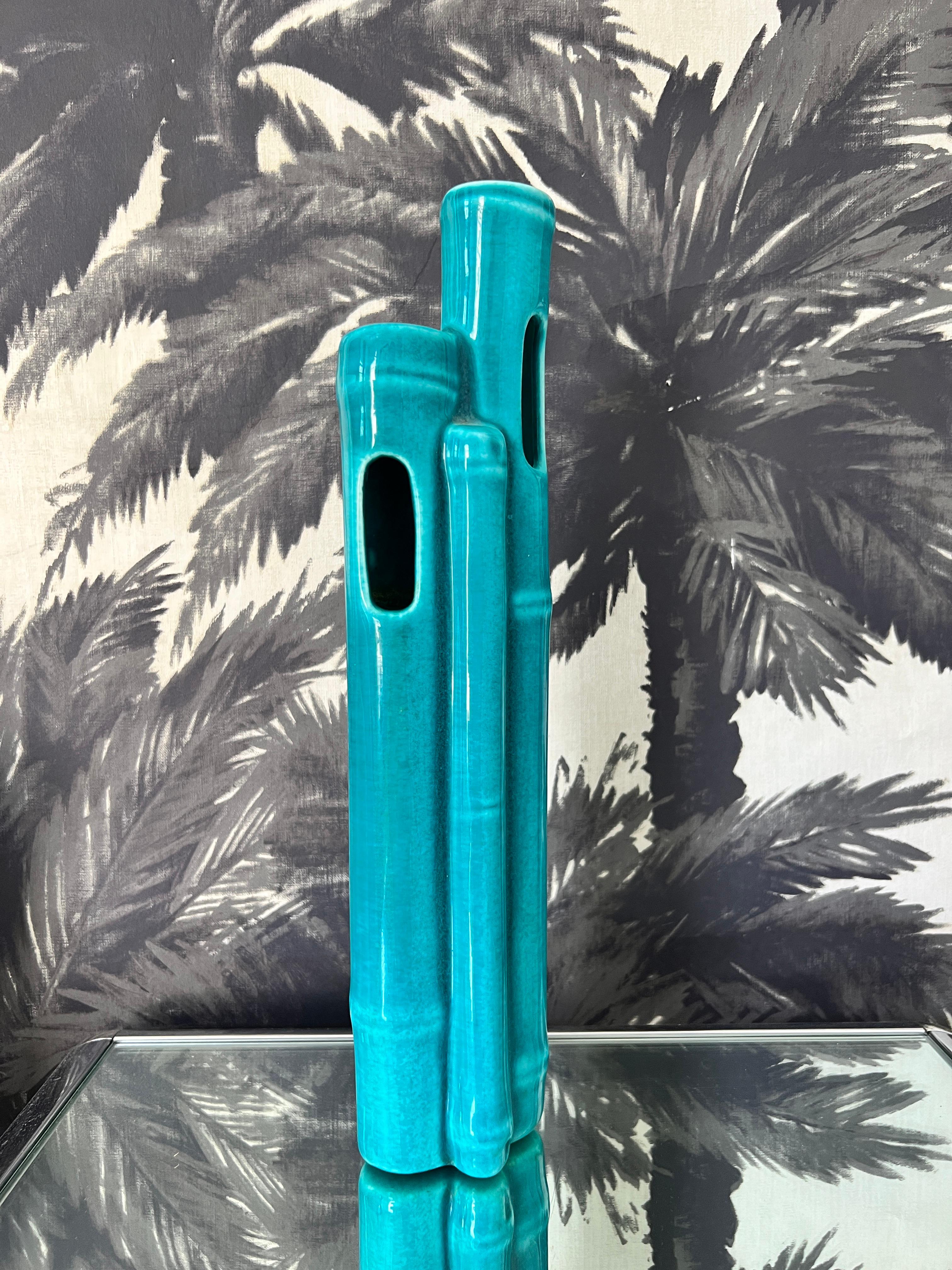 Glazed Ceramic Bamboo Wall Pocket Vase in Turquoise For Sale