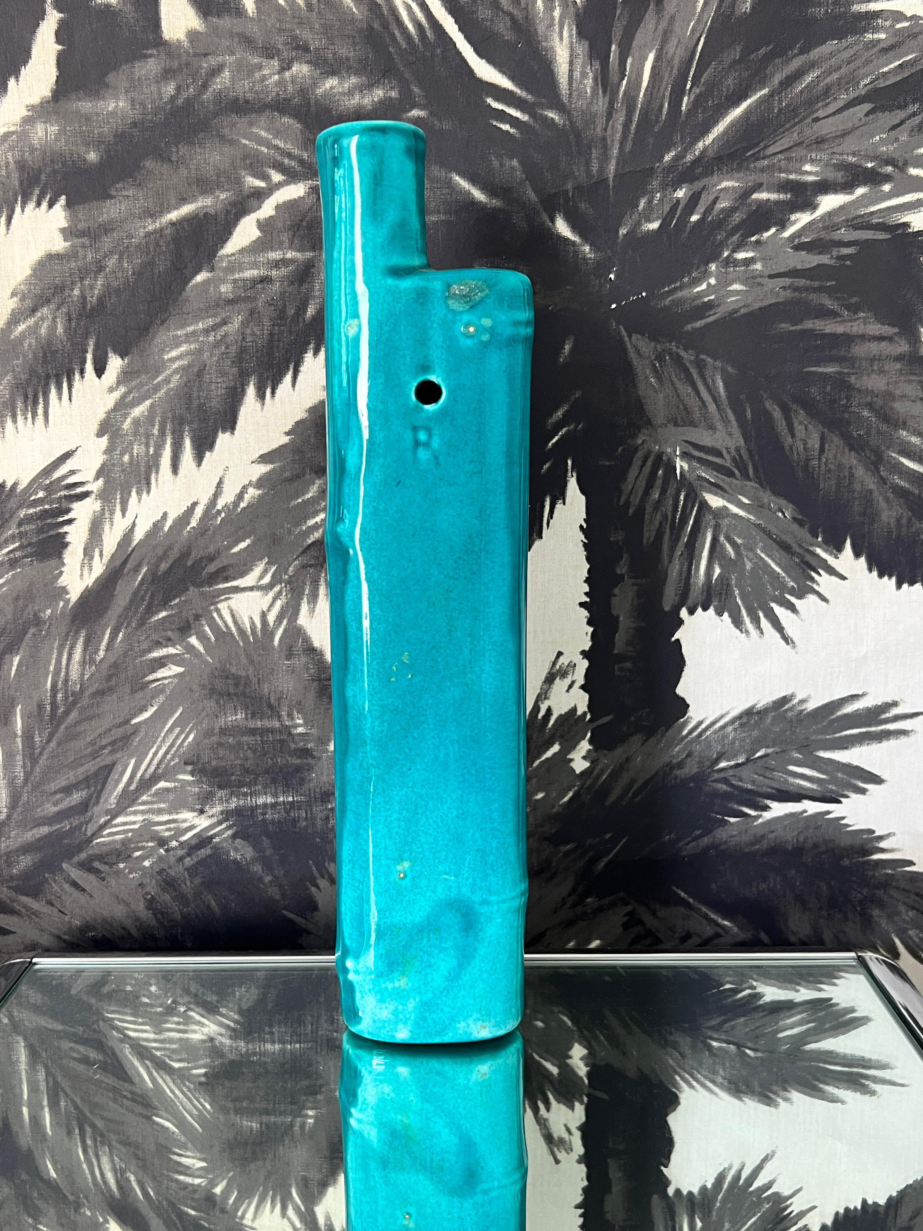 Mid-20th Century Ceramic Bamboo Wall Pocket Vase in Turquoise For Sale