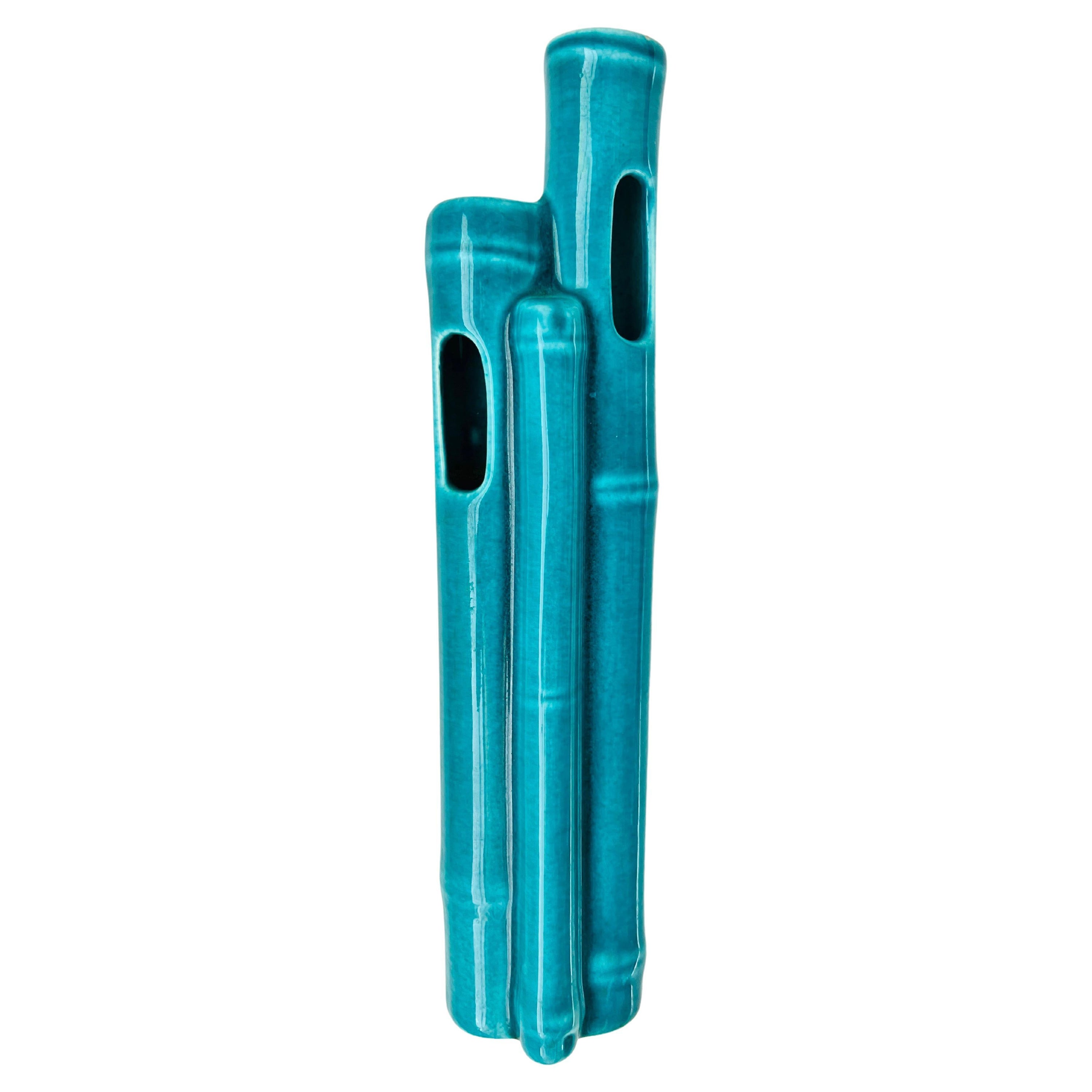 Keramik-Bambus-Wandtaschenvase in Türkis im Angebot