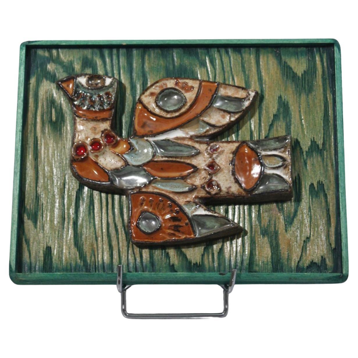 Bas-relief en céramique sur cadre en Wood par Roland Zobel, France années 1950