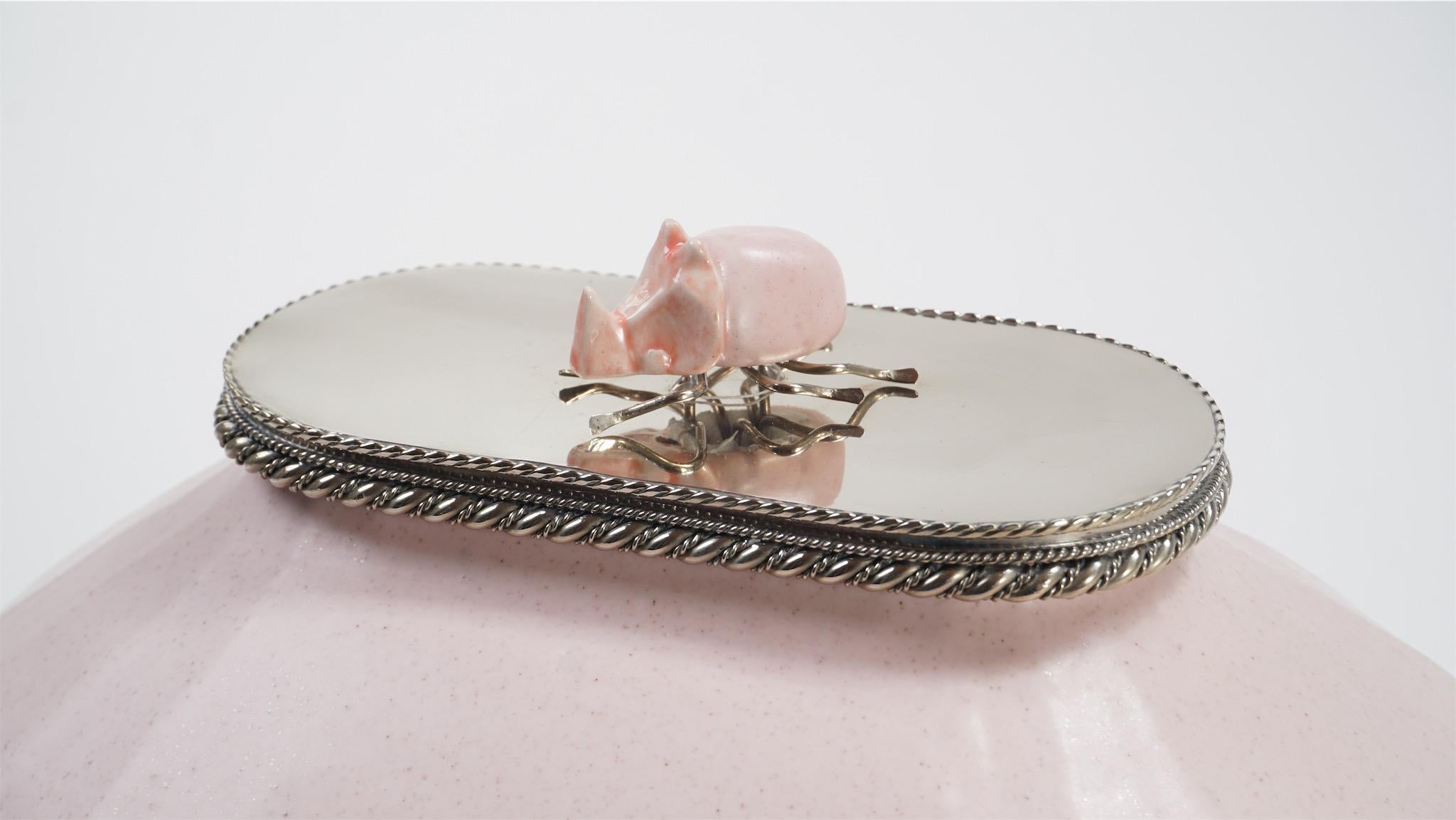 Mexican Pink Ceramic Base by Estudio Guerrero Made with Glazed Ceramic and White Metal