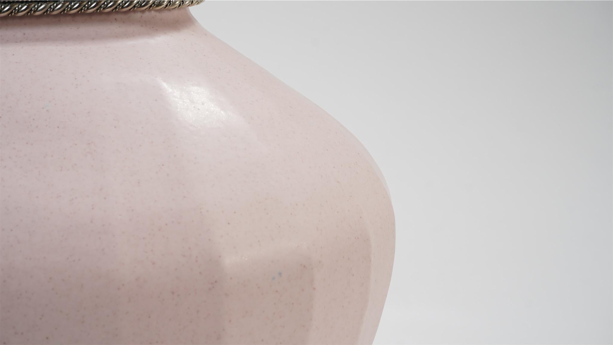 Contemporary Pink Ceramic Base by Estudio Guerrero Made with Glazed Ceramic and White Metal