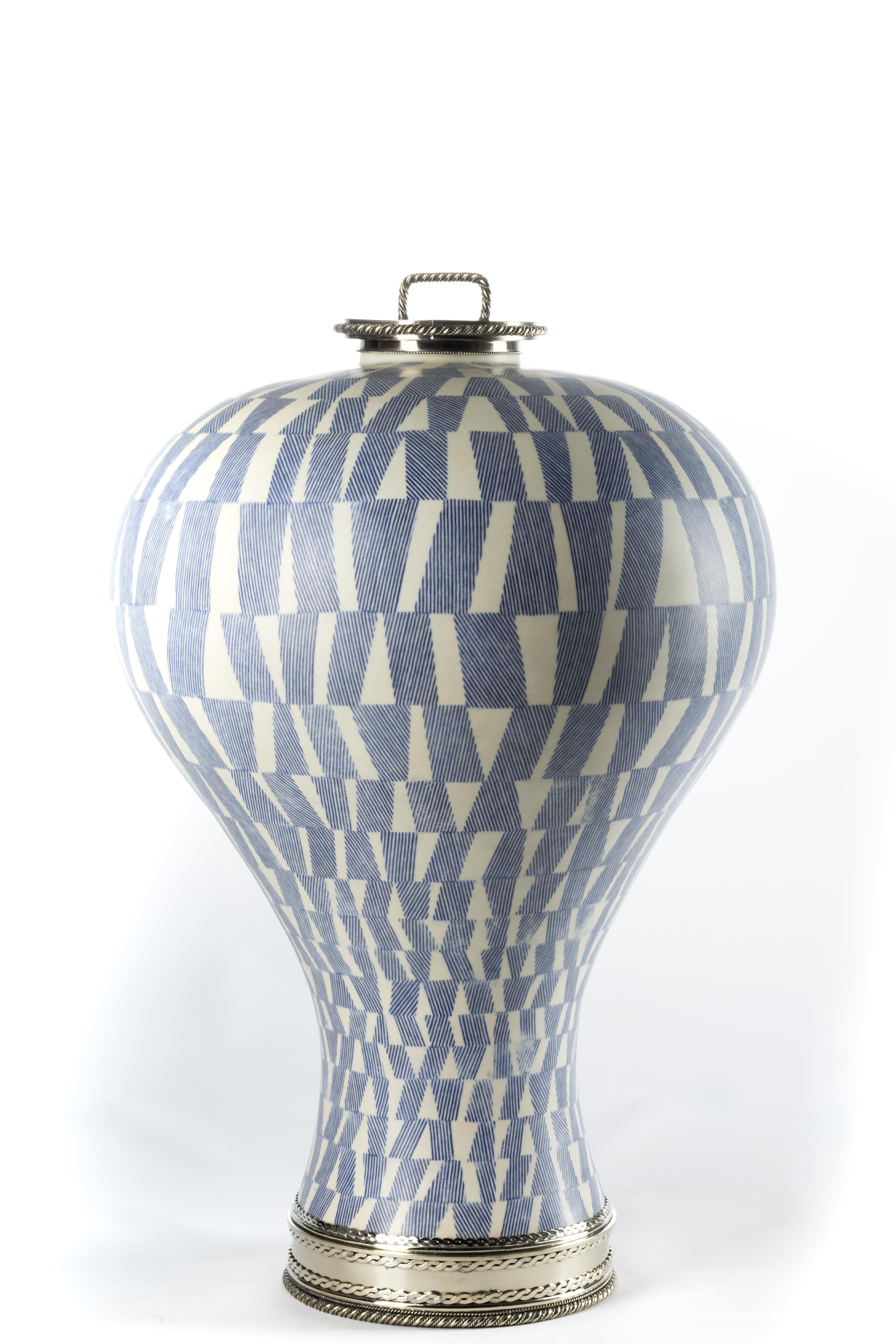 Contemporary Ceramic Base by Estudio Guerrero Made with Glazed Ceramic and White Metal
