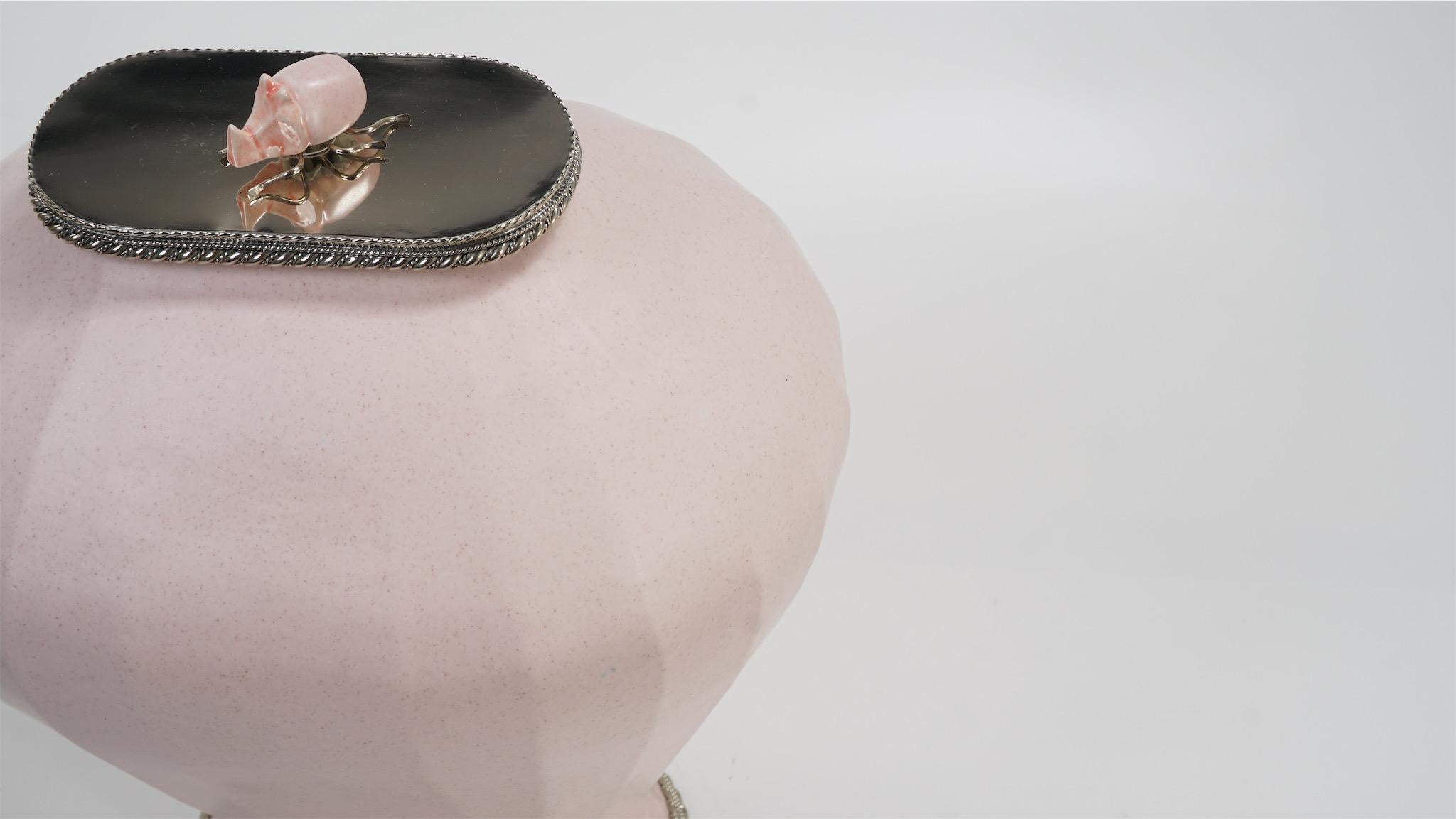 Pink Ceramic Base by Estudio Guerrero Made with Glazed Ceramic and White Metal 2