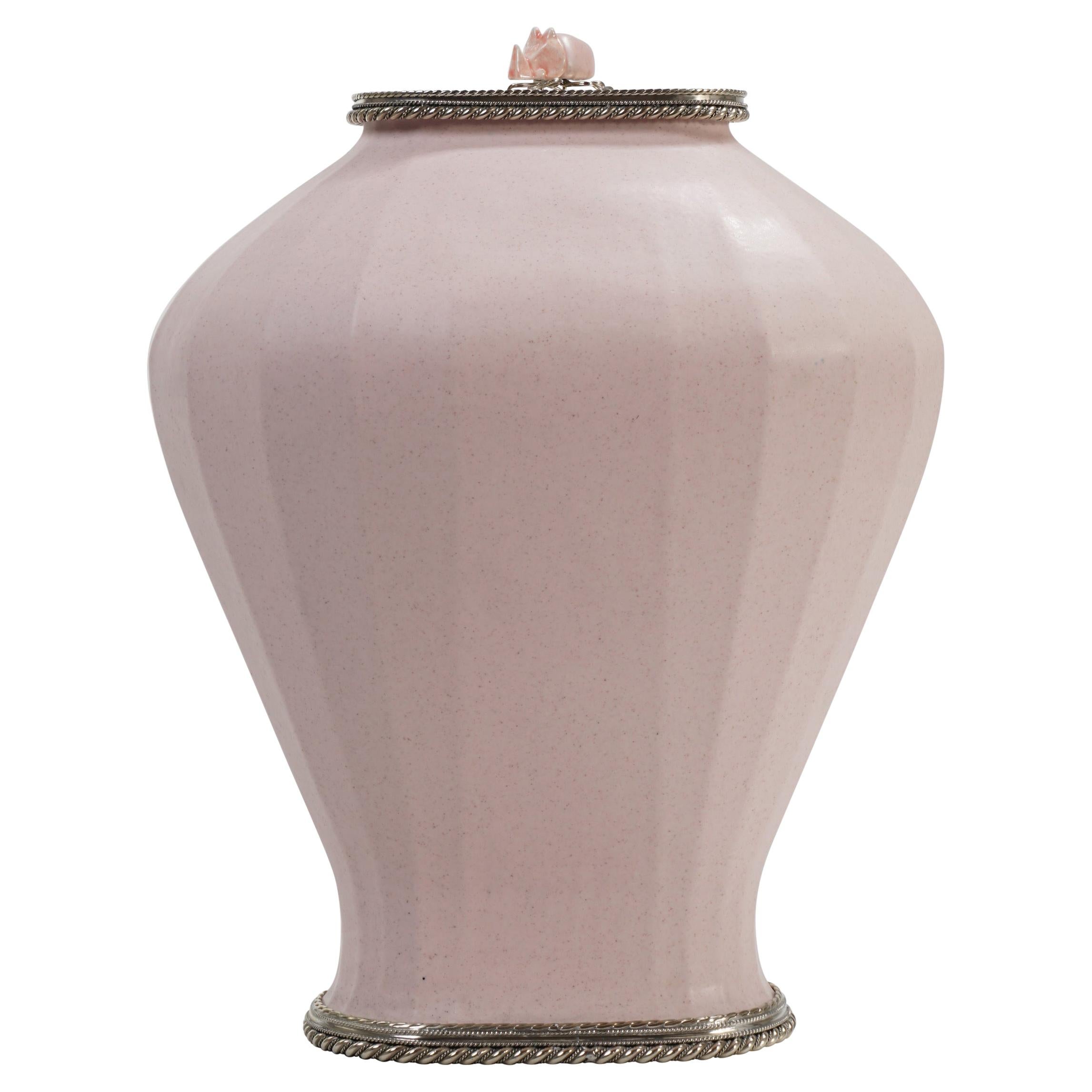 Pink Ceramic Base by Estudio Guerrero Made with Glazed Ceramic and White Metal