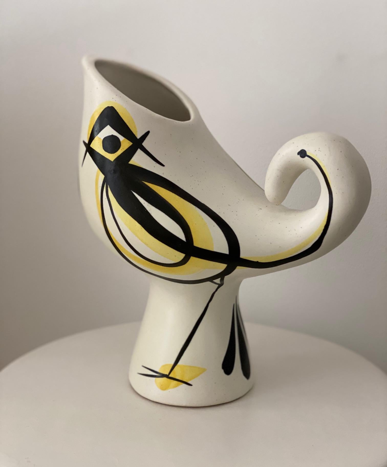 Mid-20th Century Ceramic Bird Pitcher Vase Signed by Roger Capron, Vallauris, 1950s