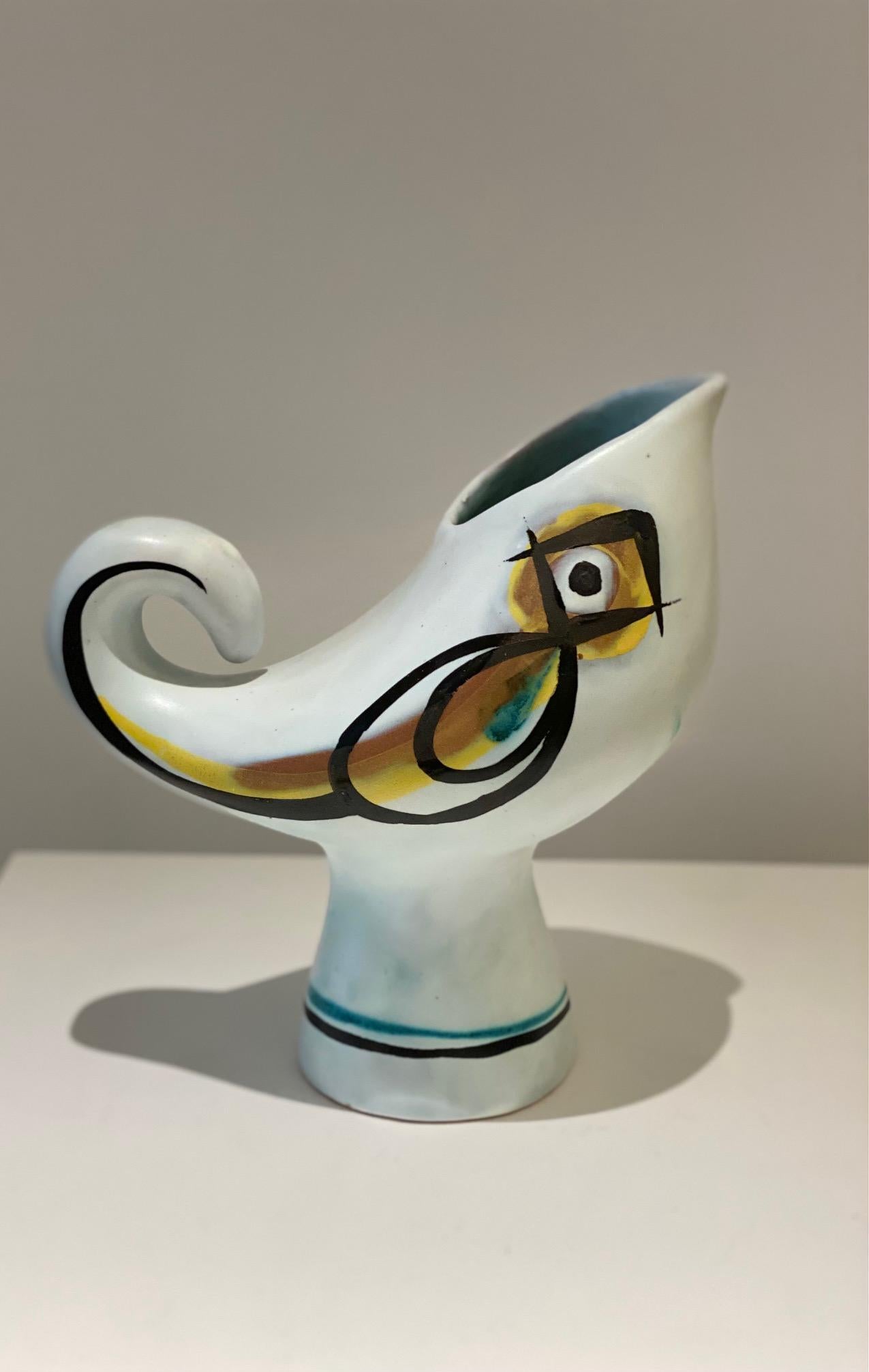 Mid-20th Century Ceramic Bird Pitcher Vase Signed by Roger Capron, Vallauris, 1950s For Sale