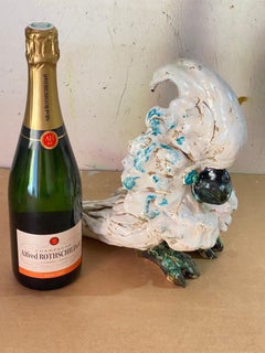 Majolica Bird Sculpture, White, Blue and Green Color, France 1960