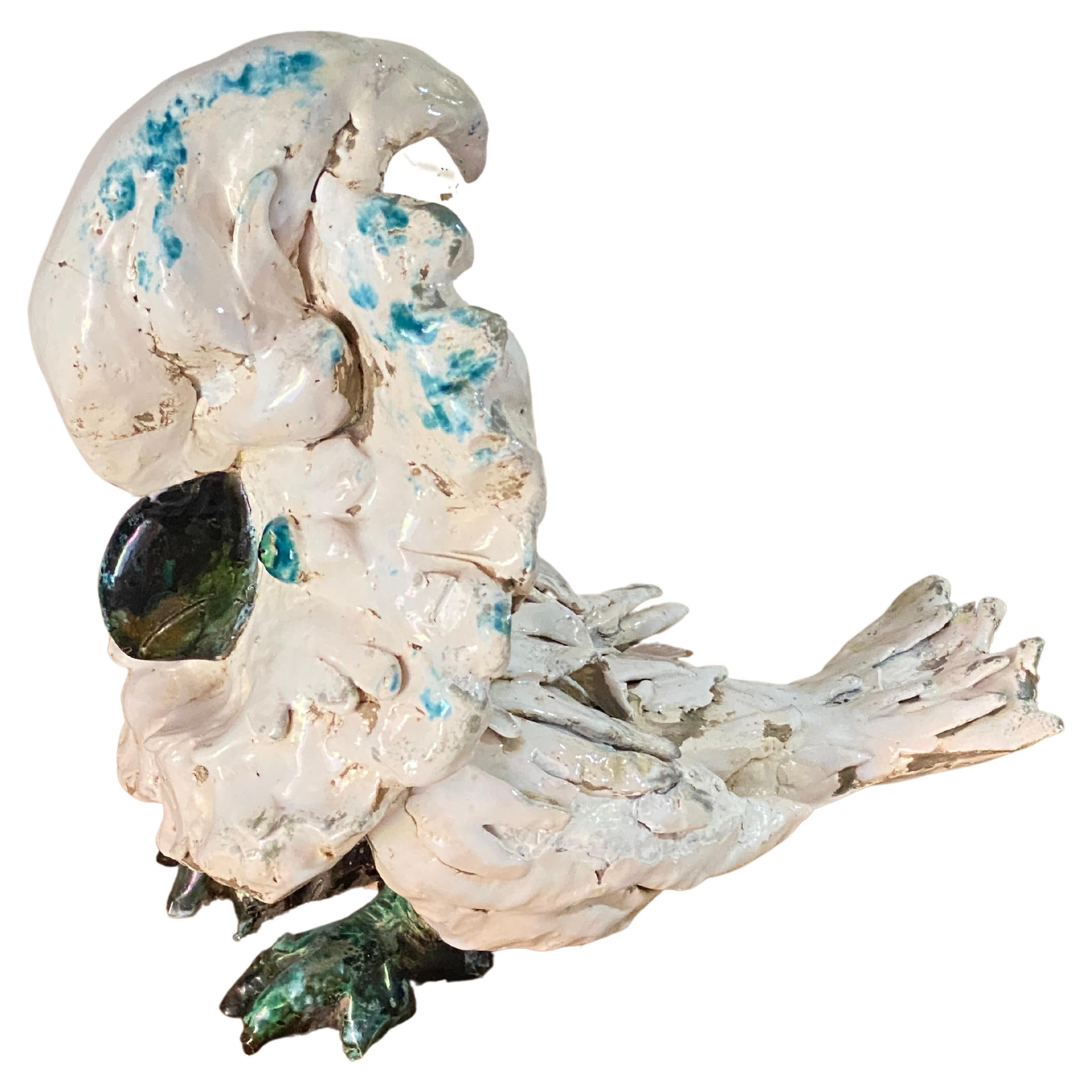 Majolica Bird Sculpture, White, Blue and Green Color, France 1960 For Sale