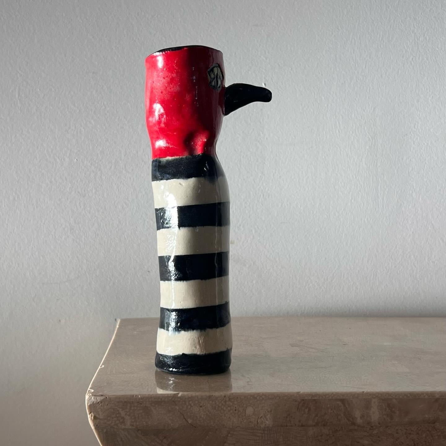 Post-Modern Ceramic red painted bird vase with stripes, signed by artist, 20th century  For Sale