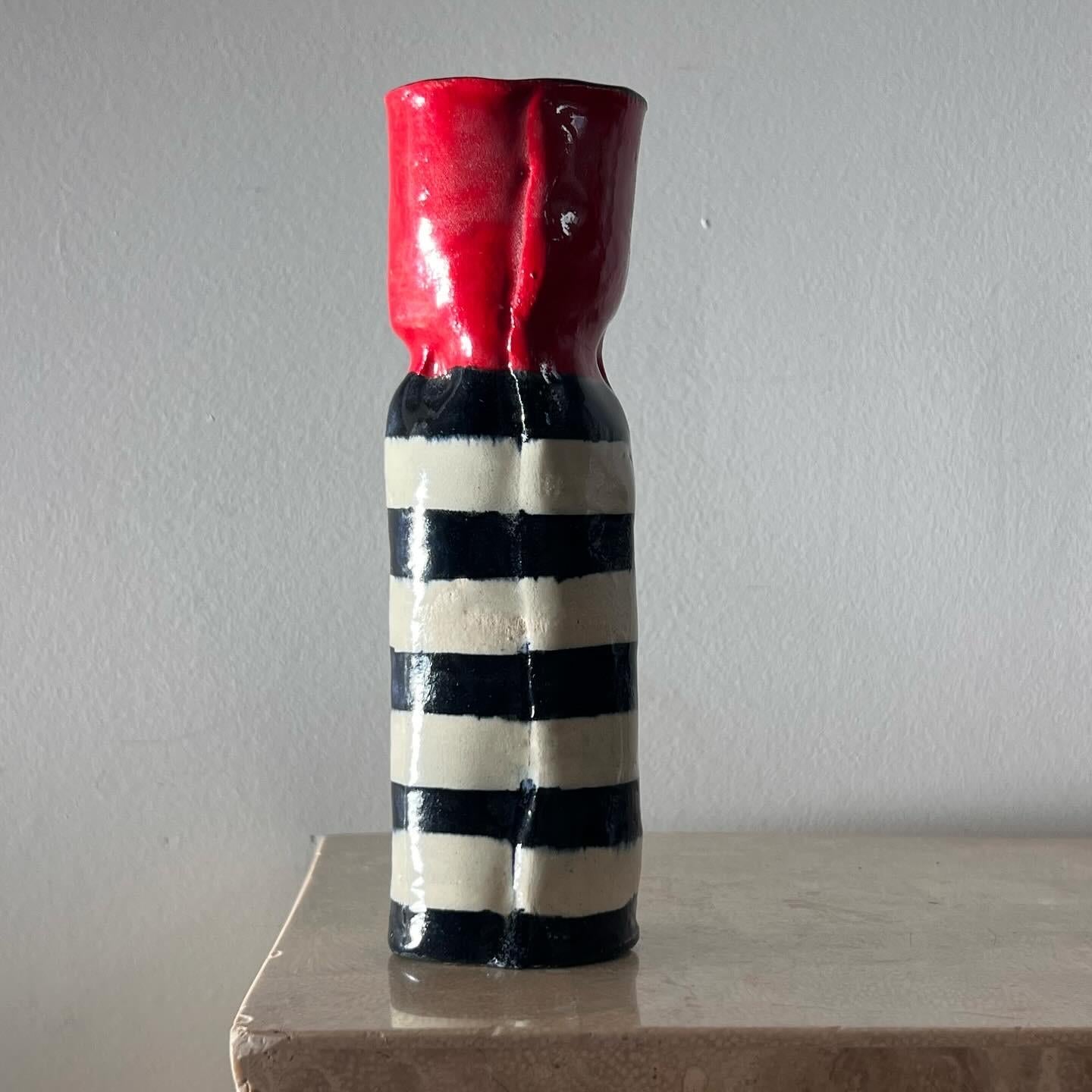 Unknown Ceramic red painted bird vase with stripes, signed by artist, 20th century  For Sale