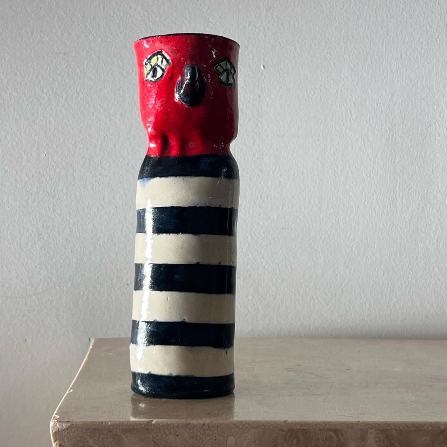 Hand-Crafted Ceramic red painted bird vase with stripes, signed by artist, 20th century  For Sale