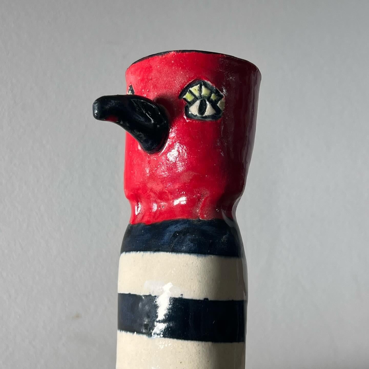 Ceramic red painted bird vase with stripes, signed by artist, 20th century  In Good Condition For Sale In View Park, CA