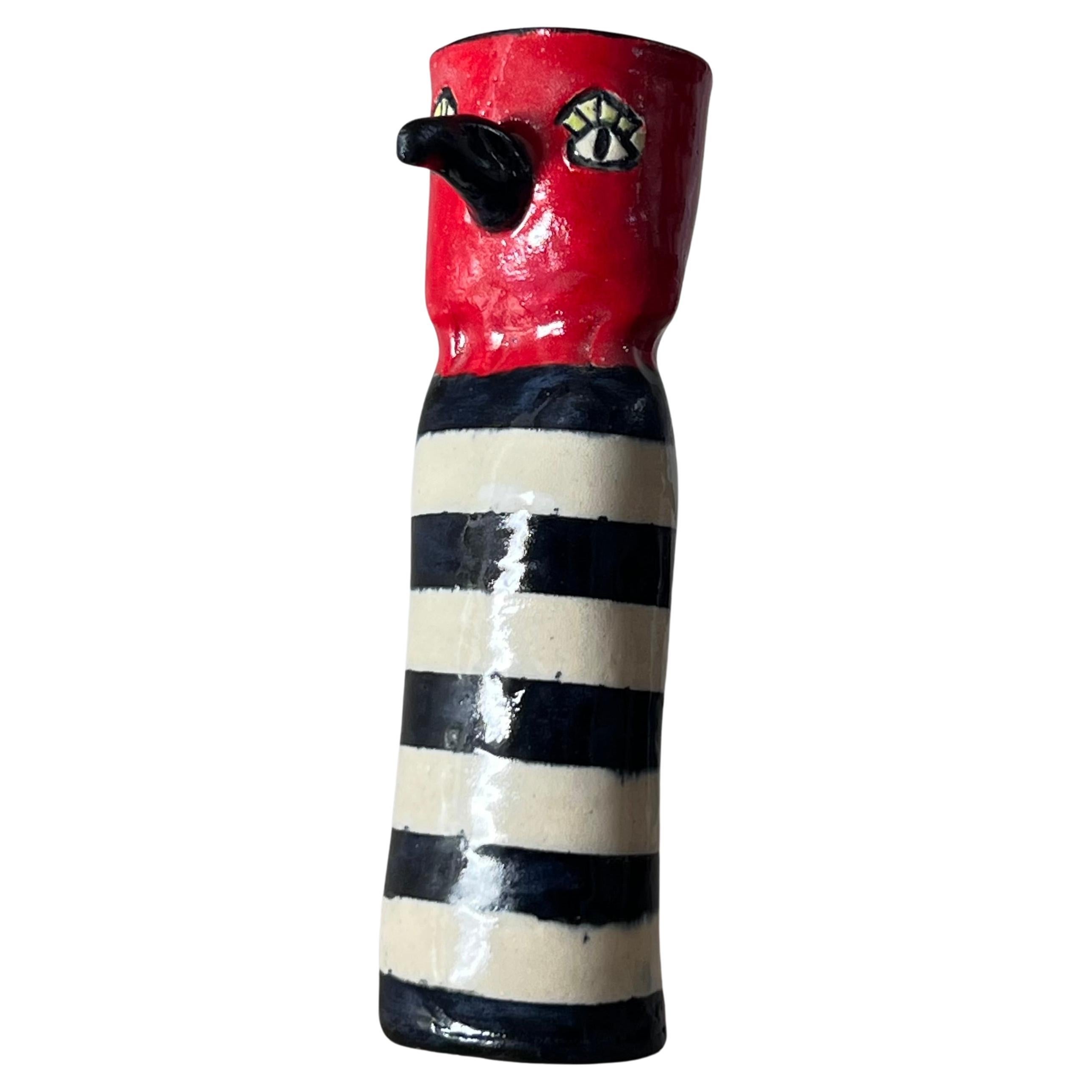 Ceramic red painted bird vase with stripes, signed by artist, 20th century 