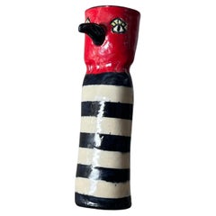 Vintage Ceramic red painted bird vase with stripes, signed by artist, 20th century