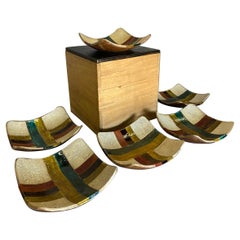 Ceramic Bizen Plates by Japanese Potter Hiyuki with Graphic Four Color Glaze