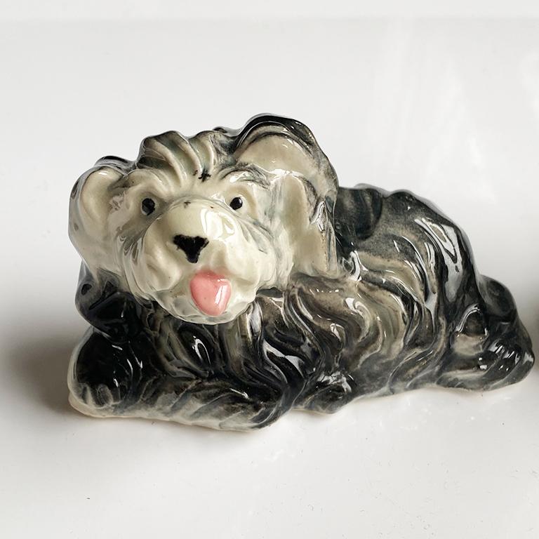 Get your table company ready with this pair of ceramic dog salt and pepper shakers. Each shaker depicts a black and white shaggy puppy laying down, with his pink tongue out. Each has three holes at the top of the head for salt and pepper. Made in